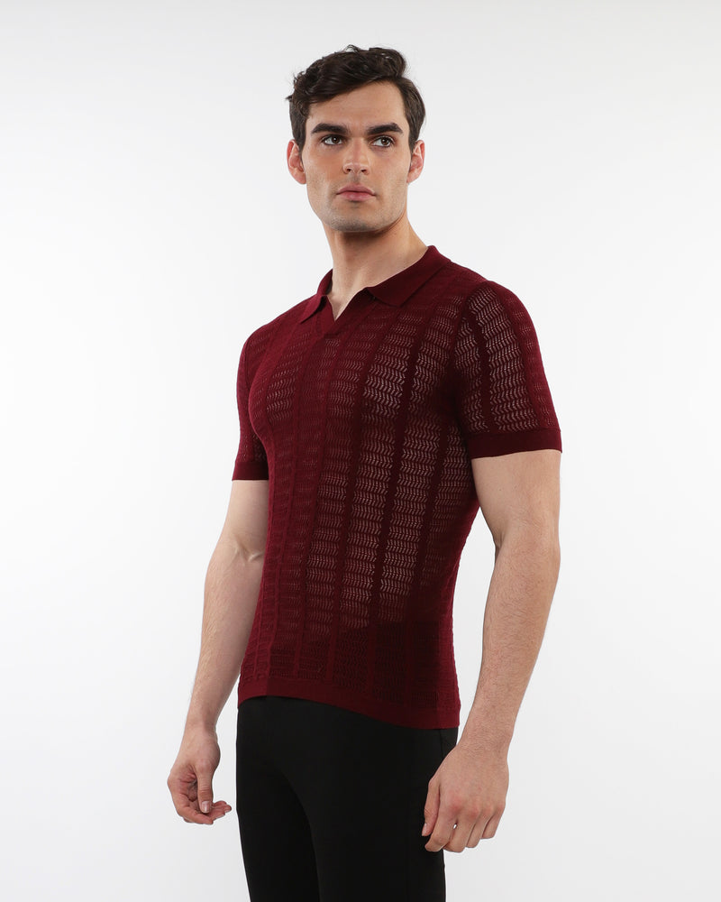MAROON OPEN COLLAR TEXTURED MESH KNIT COTTON POLO PM-16234