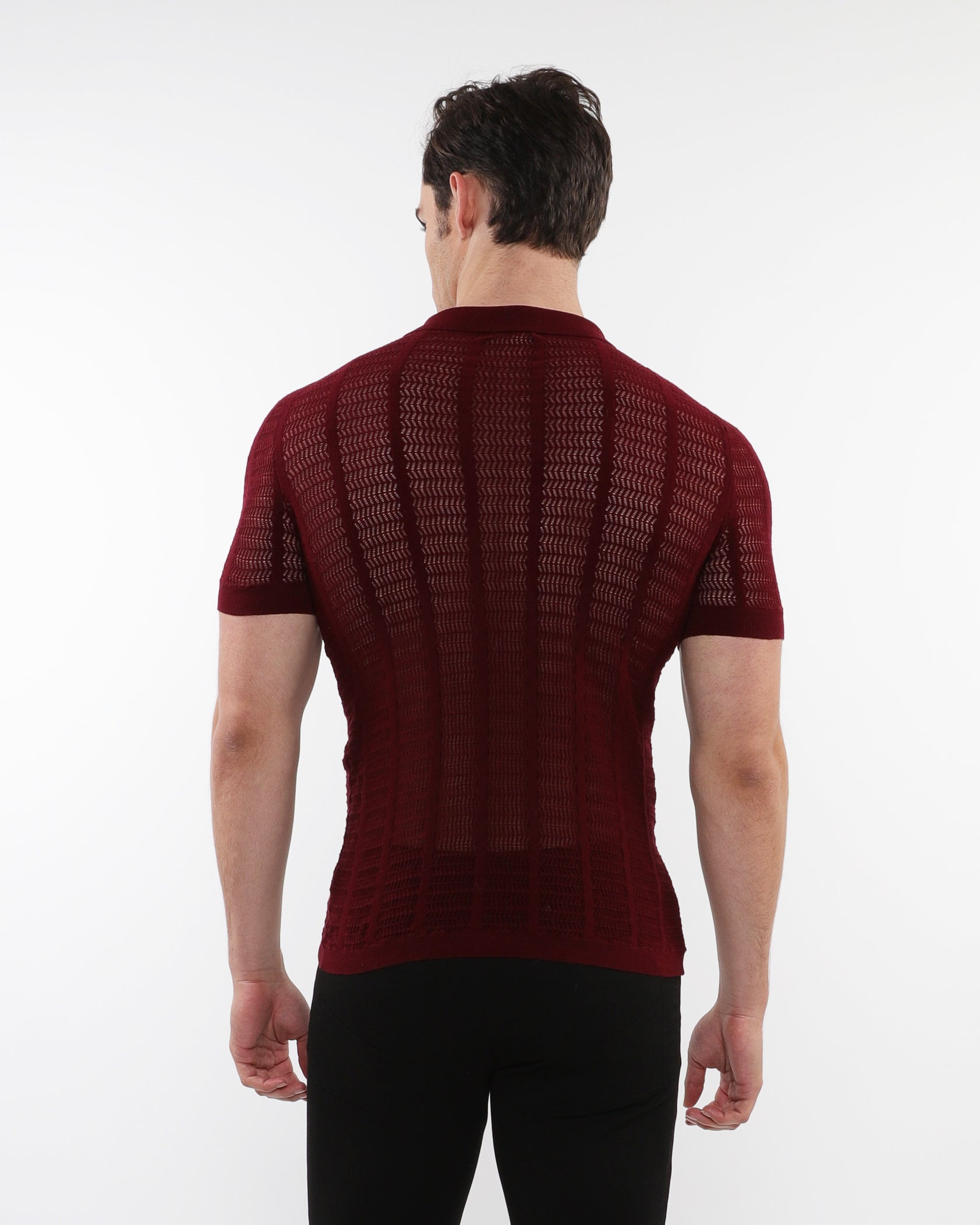 MAROON OPEN COLLAR TEXTURED MESH KNIT COTTON POLO PM-16234