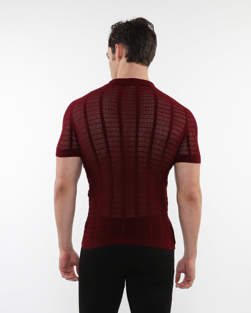 MAROON OPEN COLLAR TEXTURED MESH KNIT COTTON POLO PM-16234