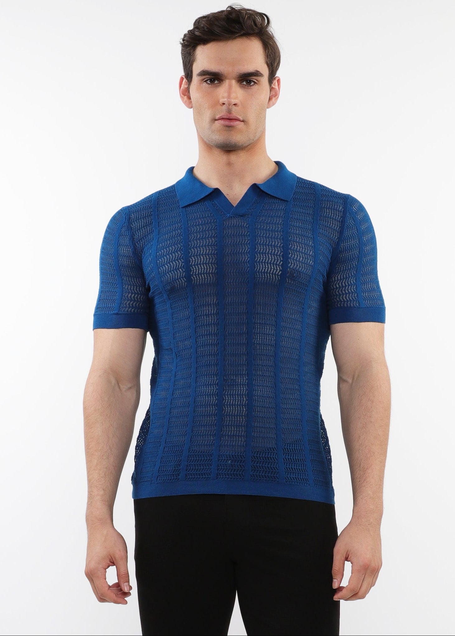 PEACOCK OPEN COLLAR TEXTURED MESH KNIT COTTON POLO PM-16234