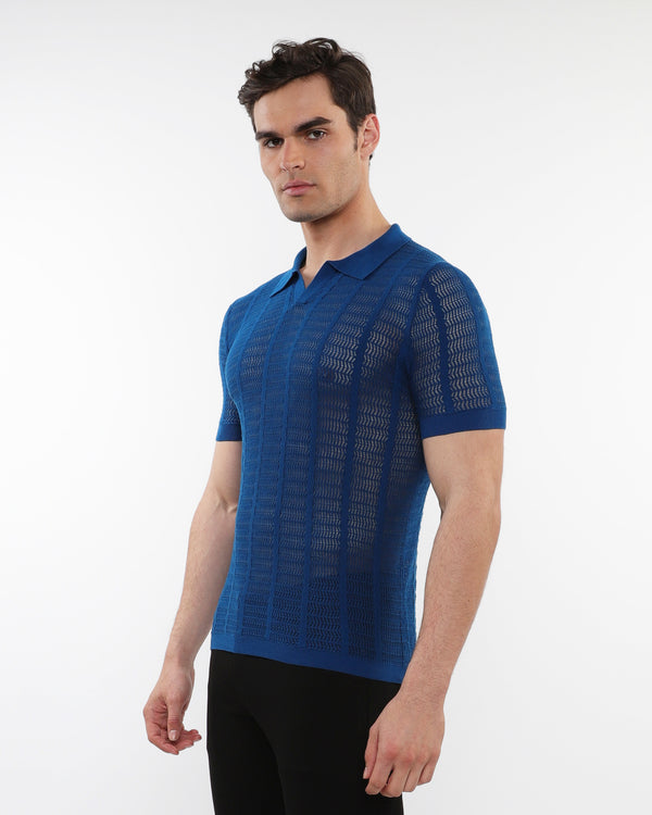 PEACOCK OPEN COLLAR TEXTURED MESH KNIT COTTON POLO PM-16234