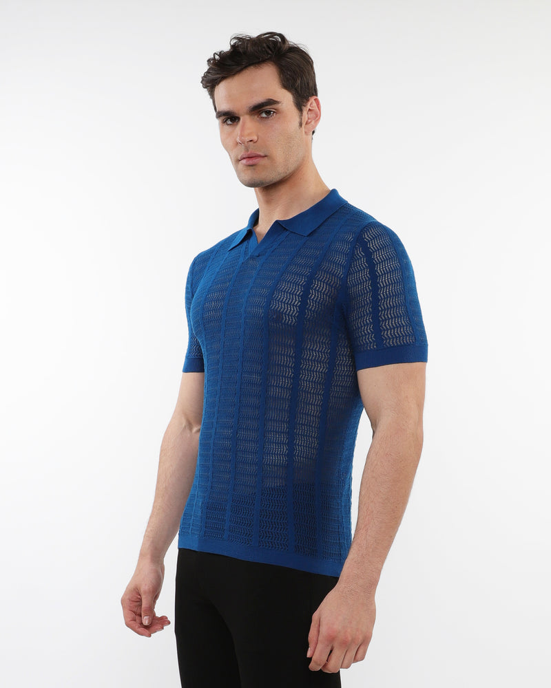 PEACOCK OPEN COLLAR TEXTURED MESH KNIT COTTON POLO PM-16234