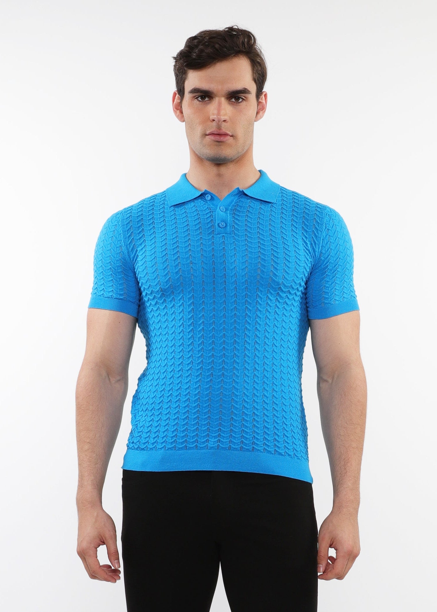 AZURE TEXTURED CHEVRON  3-BUTTON COTTON  KNITTED POLO PM-16236