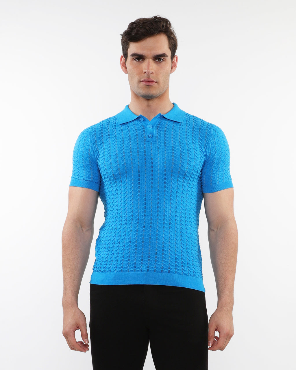 AZURE TEXTURED CHEVRON 3-BUTTON COTTON KNITTED POLO PM-16236