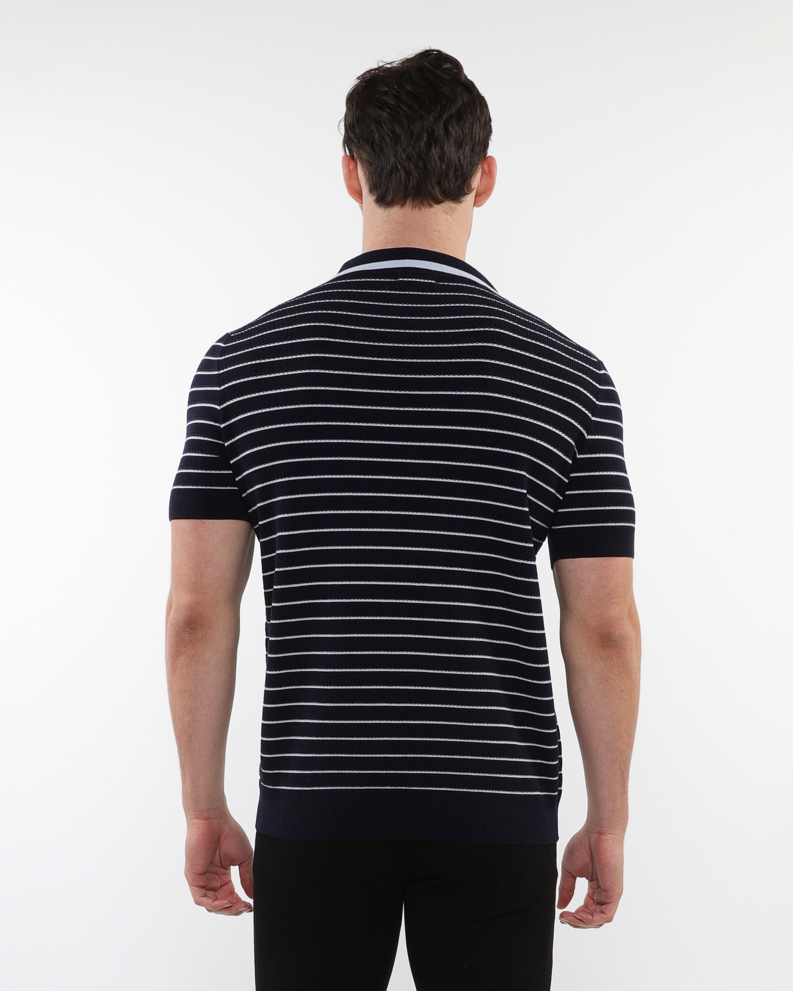 NAVY/ARCTIC OPEN COLLAR TEXTURED STRIPE SILK TENCEL KNIT