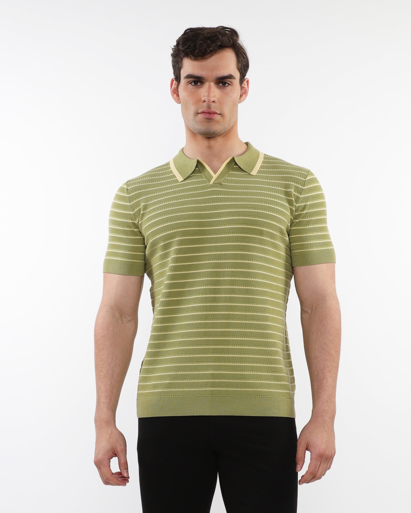 OLIVE/YELLOW OPEN COLLAR TEXTURED STRIPE SILK TENCEL KNIT POLO PM-16314