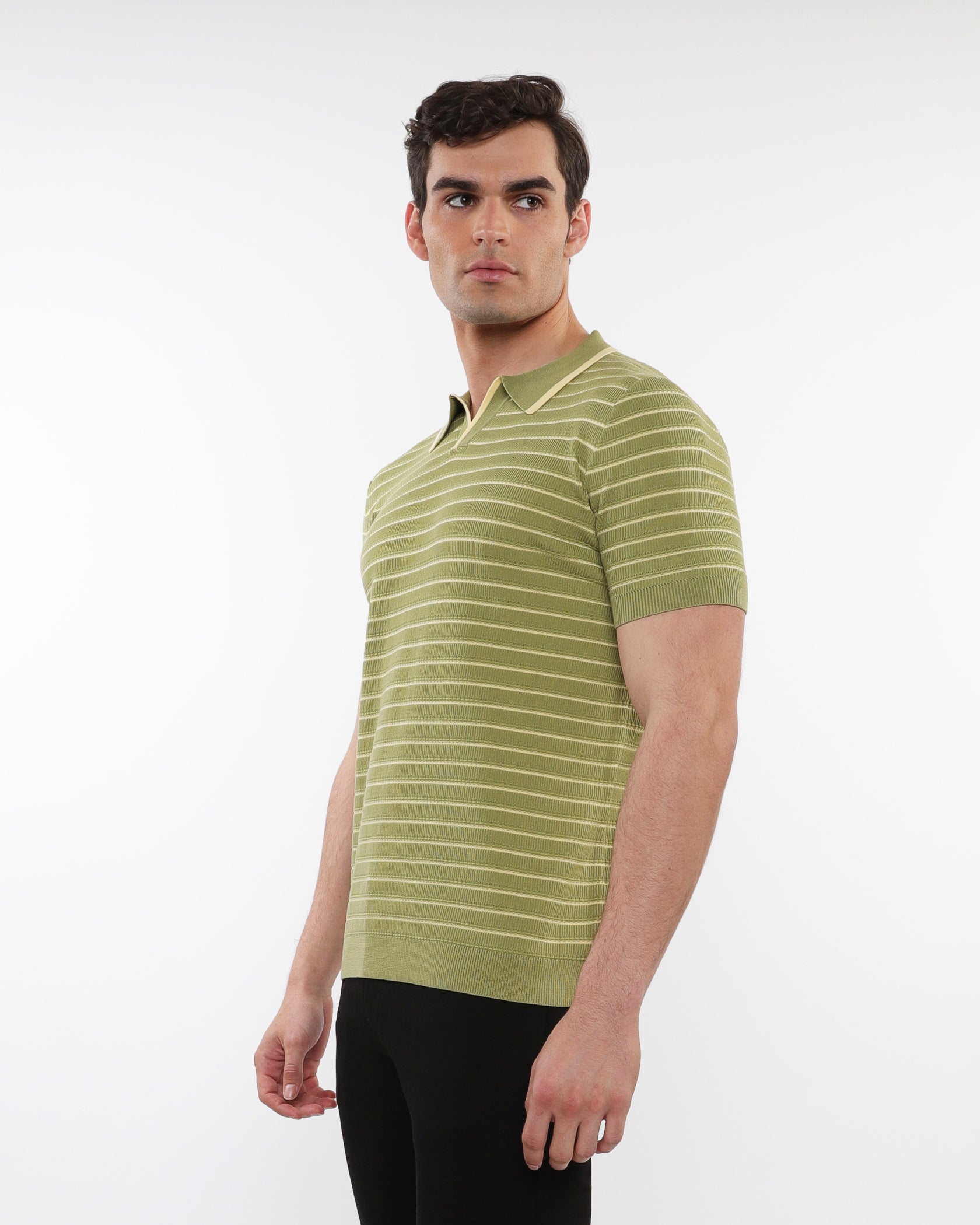 OLIVE/YELLOW OPEN COLLAR TEXTURED STRIPE SILK TENCEL KNIT POLO PM-16314