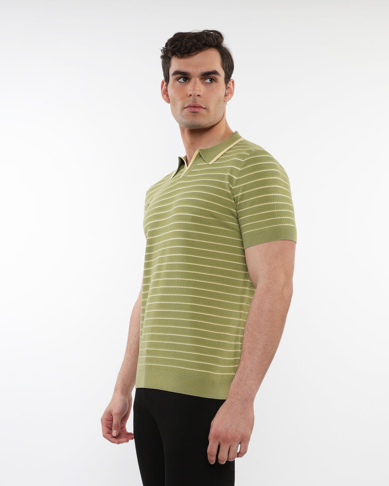 OLIVE/YELLOW OPEN COLLAR TEXTURED STRIPE SILK TENCEL KNIT POLO PM-16314