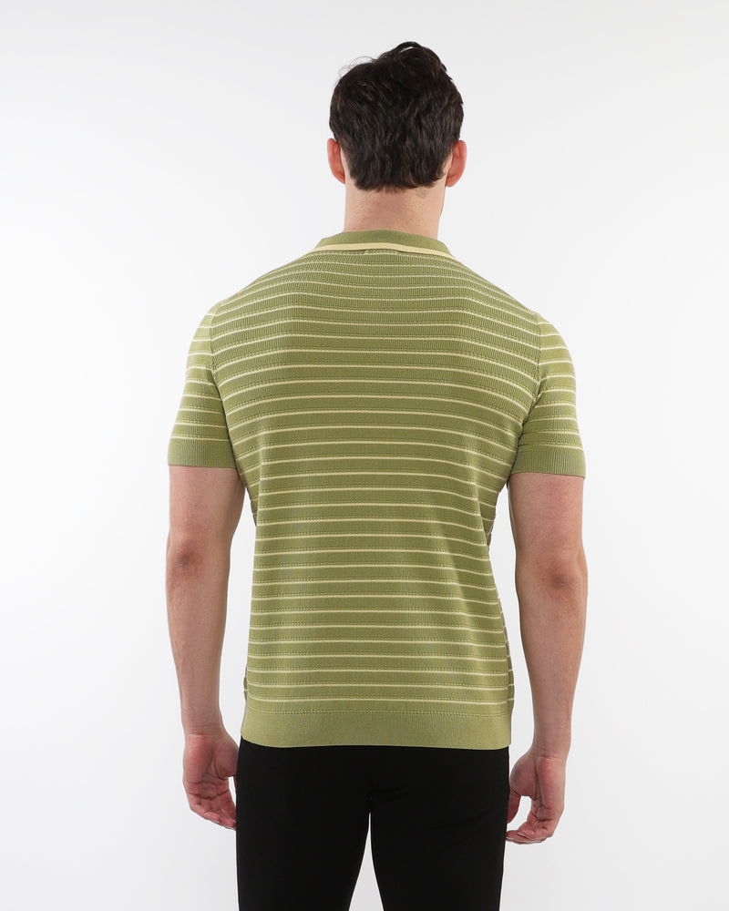 OLIVE/YELLOW OPEN COLLAR TEXTURED STRIPE SILK TENCEL KNIT POLO PM-16314