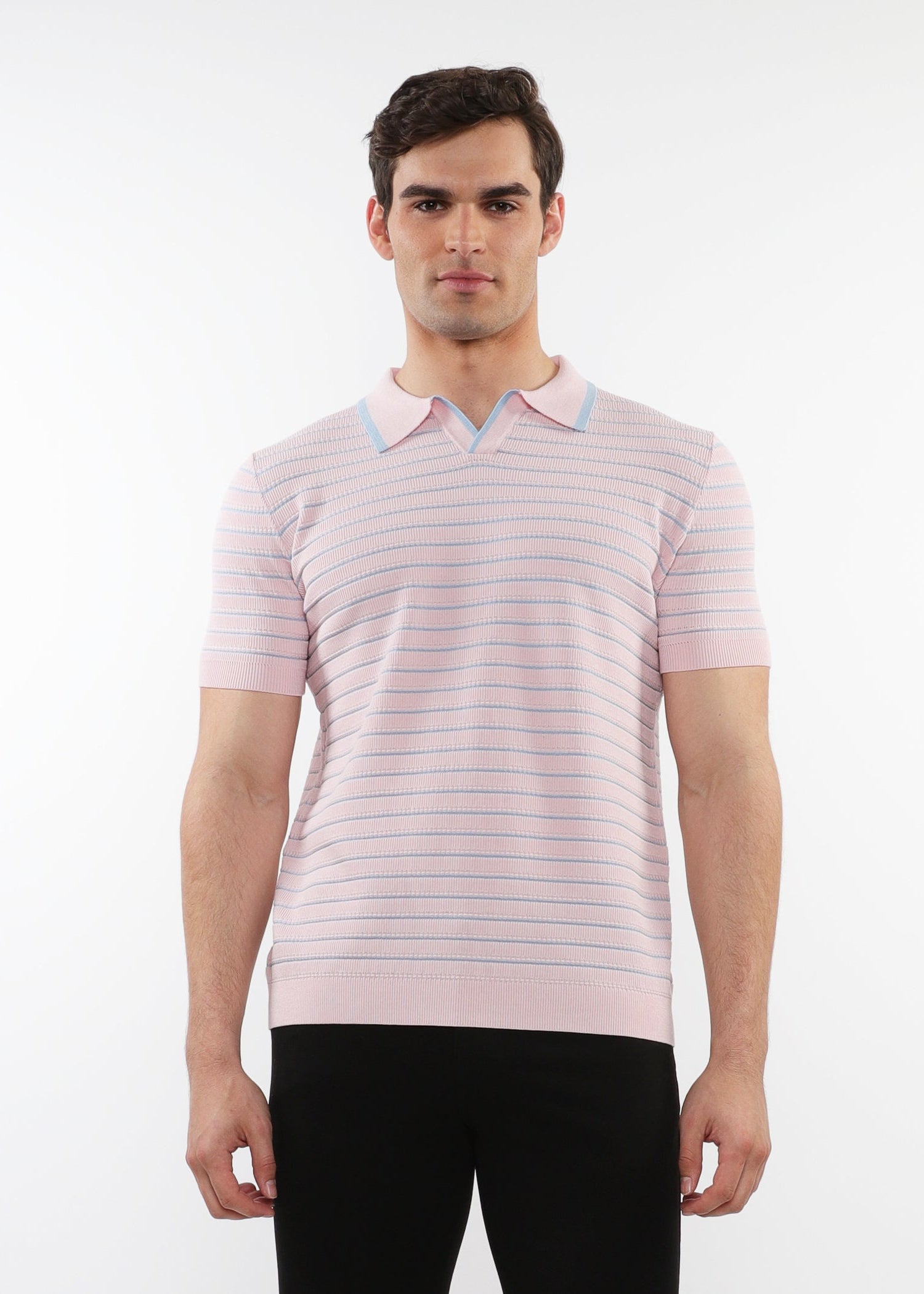 Man wearing a pink striped polo shirt on a white background
