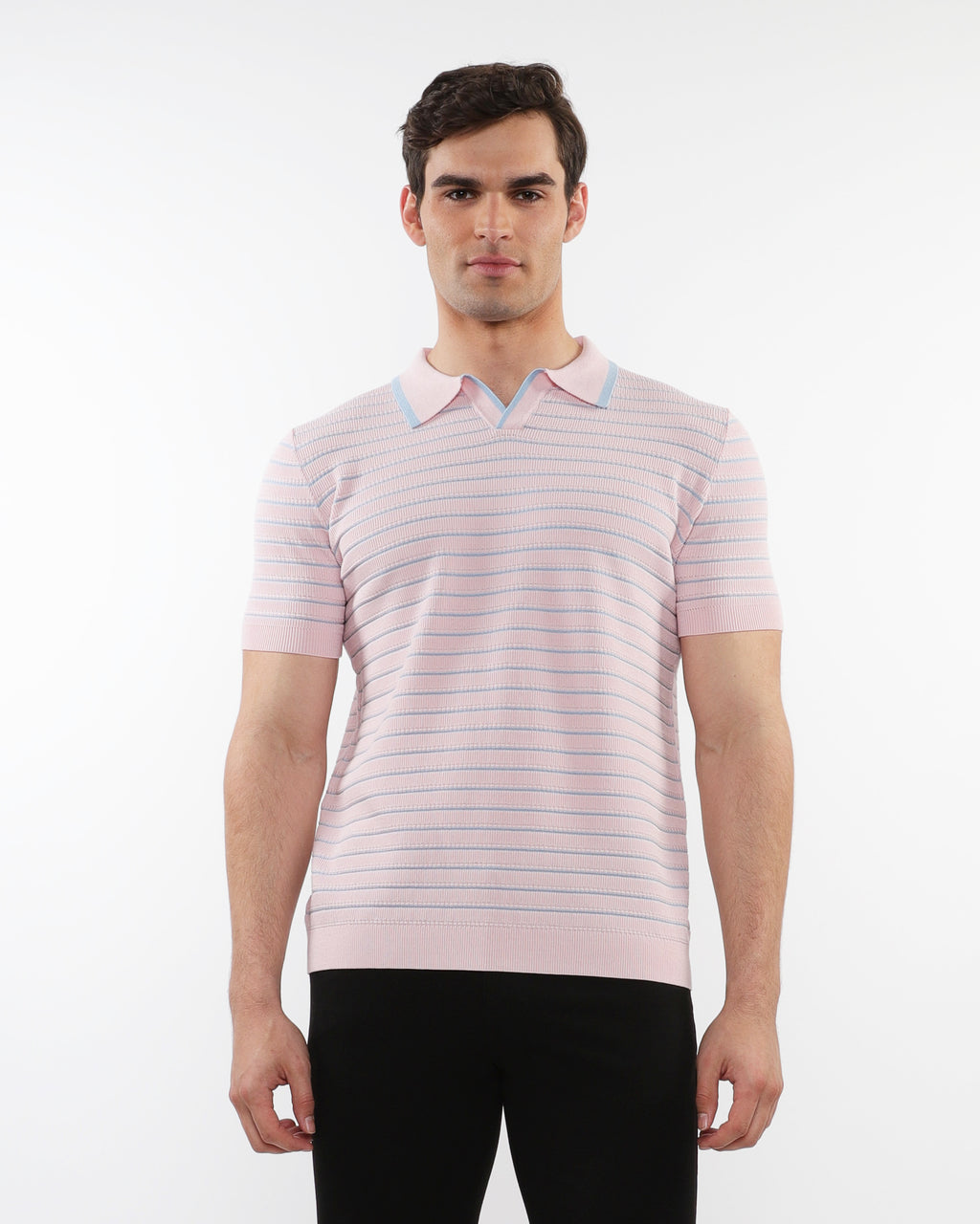 PINK/SMOKE OPEN COLLAR TEXTURED STRIPE SILK TENCEL KNIT POLO