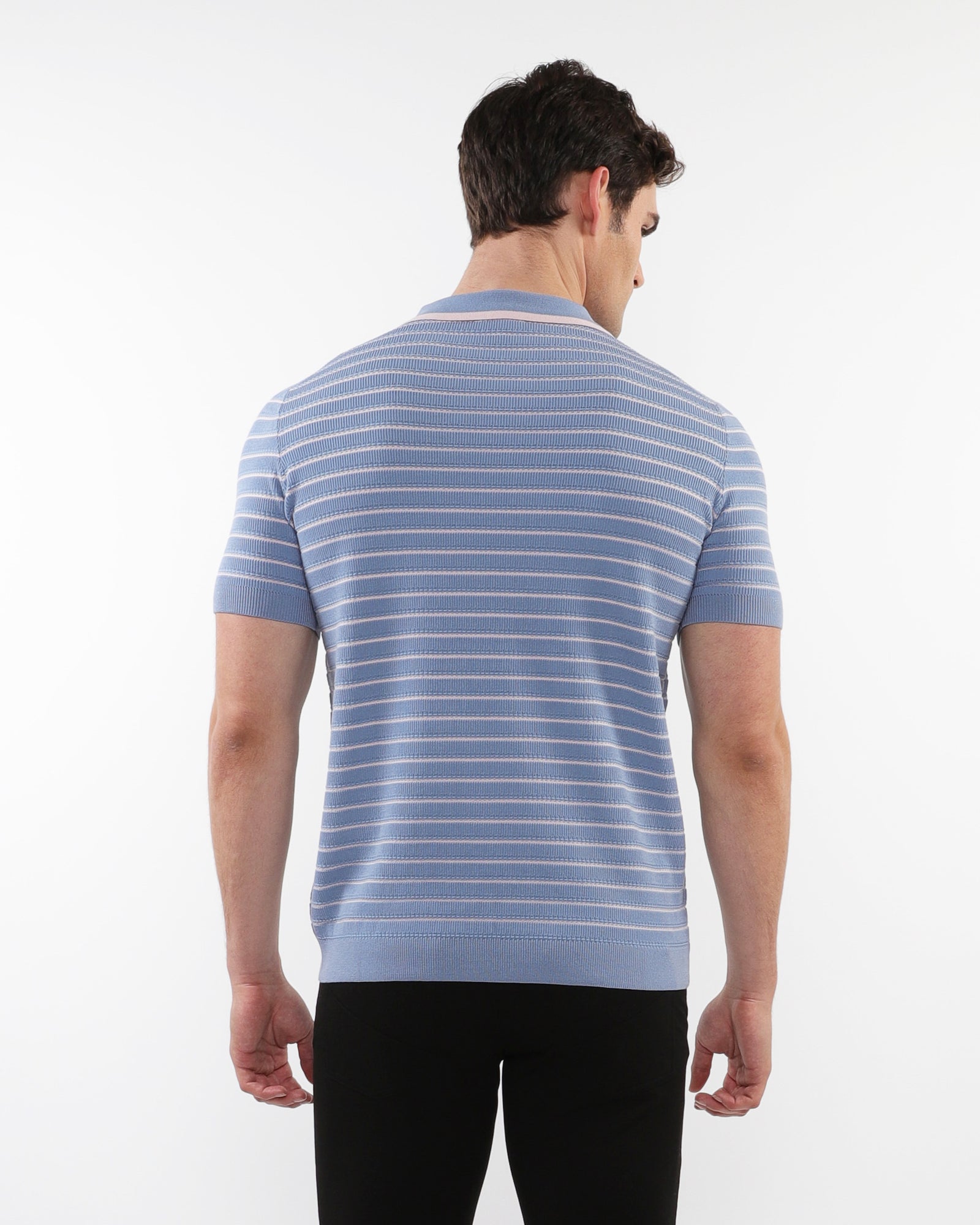 SLATE/PINK OPEN COLLAR TEXTURED STRIPE SILK TENCEL KNIT POLO