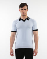 ARCTIC/NAVY OPEN COLLAR TEXTURED SILK TENCEL KNIT POLO WITH CONTRAST RIBBING PM-16315