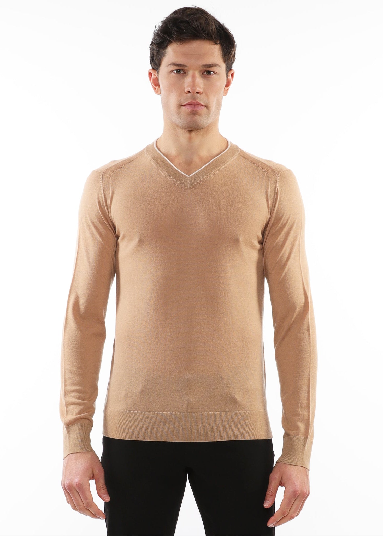 CARAMEL/OAT CONTRAST V-NECK LIGHTWEIGHT FINE KNIT WOOL SWEATER PM-16407