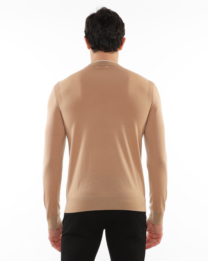 CARAMEL/OAT CONTRAST V-NECK LIGHTWEIGHT FINE KNIT WOOL SWEATER PM-16407