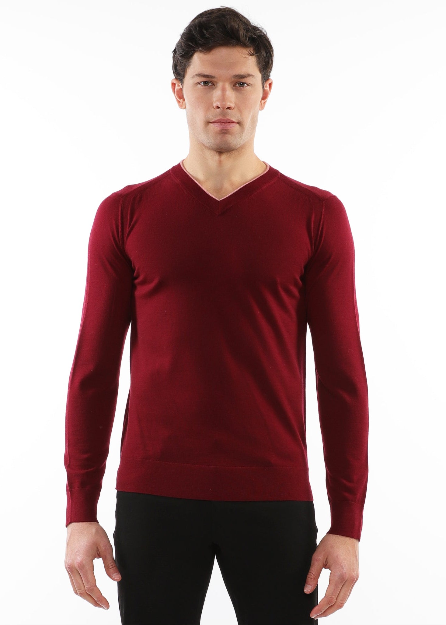 WINE/PUNCH CONTRAST V-NECK LIGHTWEIGHT FINE KNIT WOOL SWEATER PM-16407