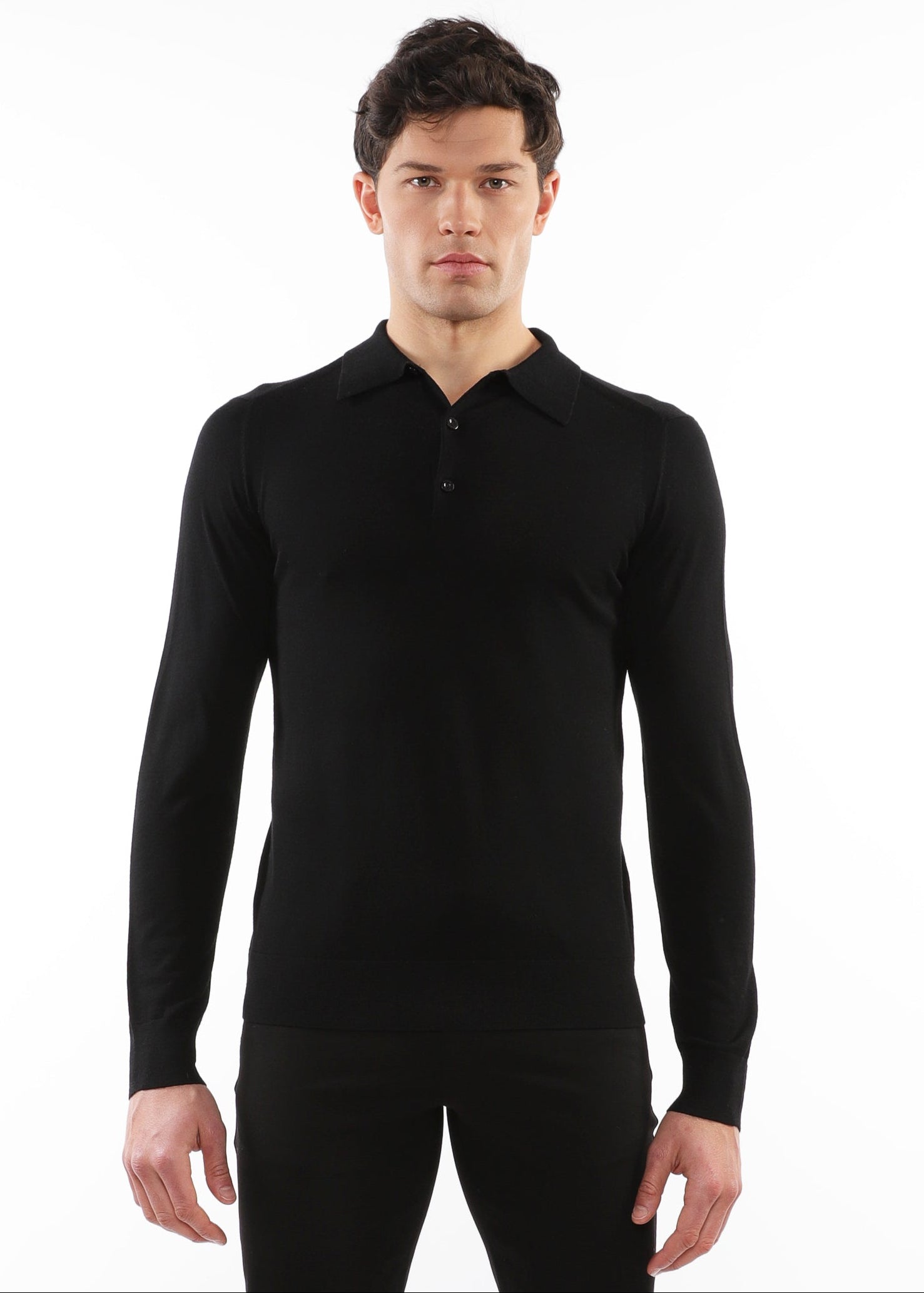 BLACK 3-BUTTON LIGHTWEIGHT FINE KNIT WOOL POLO SWEATER PM-16412