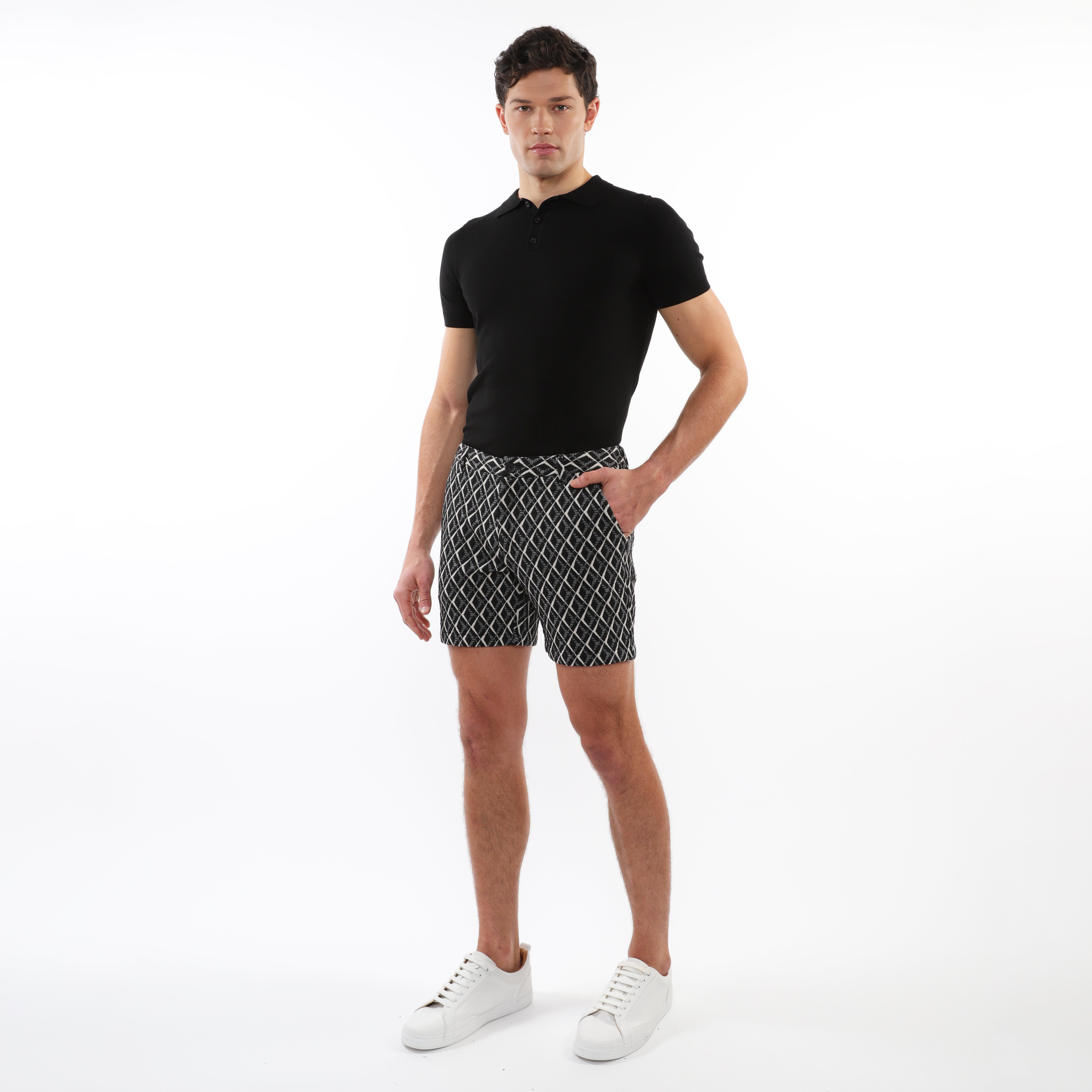 BLACK/WHITE CROSSHATCH 6" INSEAM TEXTURED JACQUARD STRETCH  CHINO SHORTS PM-2538