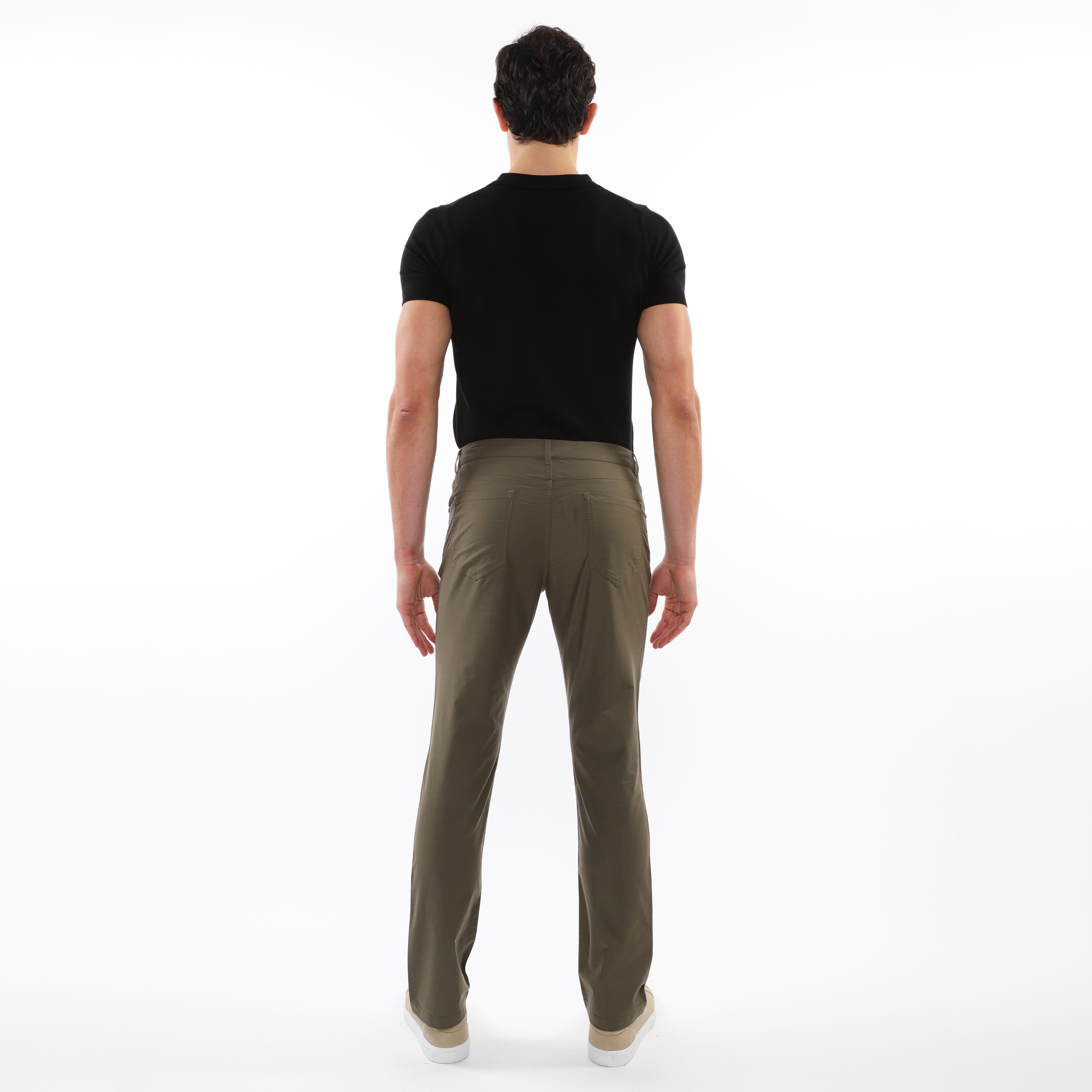 COMBAT GREEN LIGHTWEIGHT WASHED TEXTURED STRETCH WOVEN 5-POCKET JEANS PM-3049