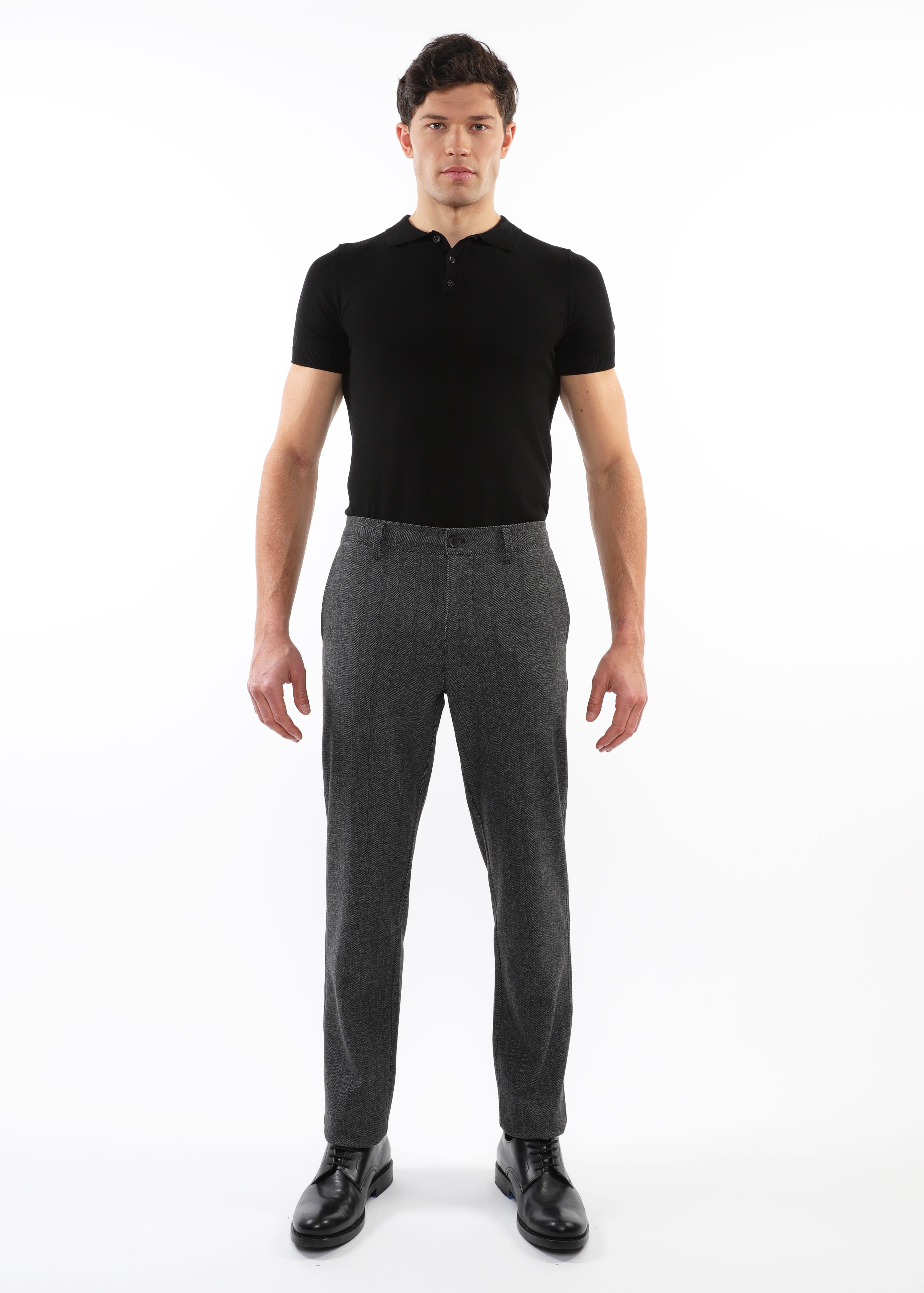CHARCOAL HERRINGBONE WOOL-LOOK STRETCH KNIT PANTS W/ BACK ELASTIC WAISTBAND PM-3050-01
