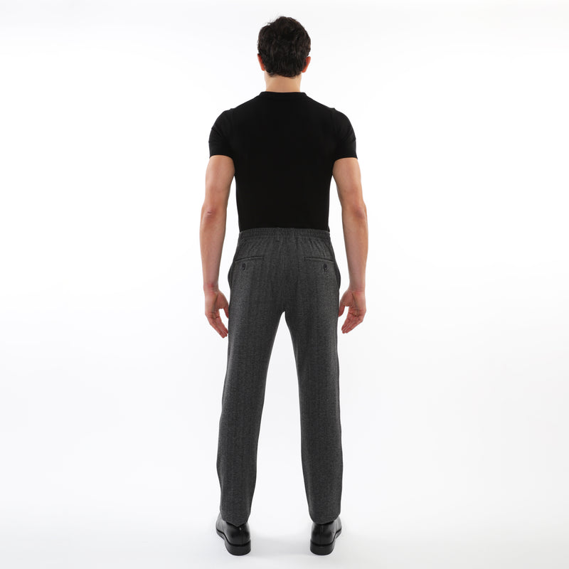 CHARCOAL HERRINGBONE WOOL-LOOK STRETCH KNIT PANTS W/ BACK ELASTIC WAISTBAND PM-3050-01