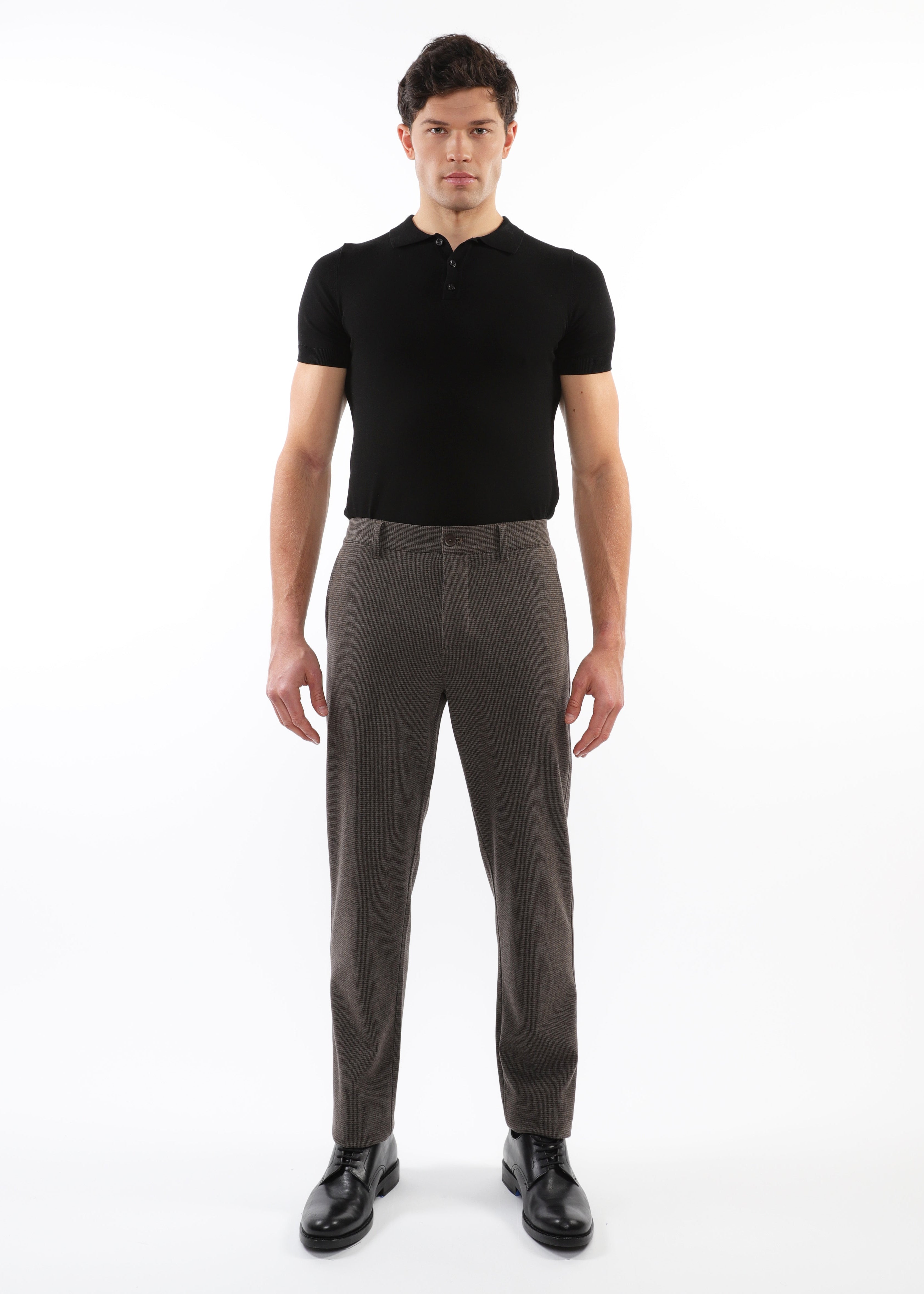 ESPRESSO MICRO CHECK WOOL-LOOK STRETCH KNIT PANTS W/ BACK ELASTIC WAISTBAND PM-3050-02