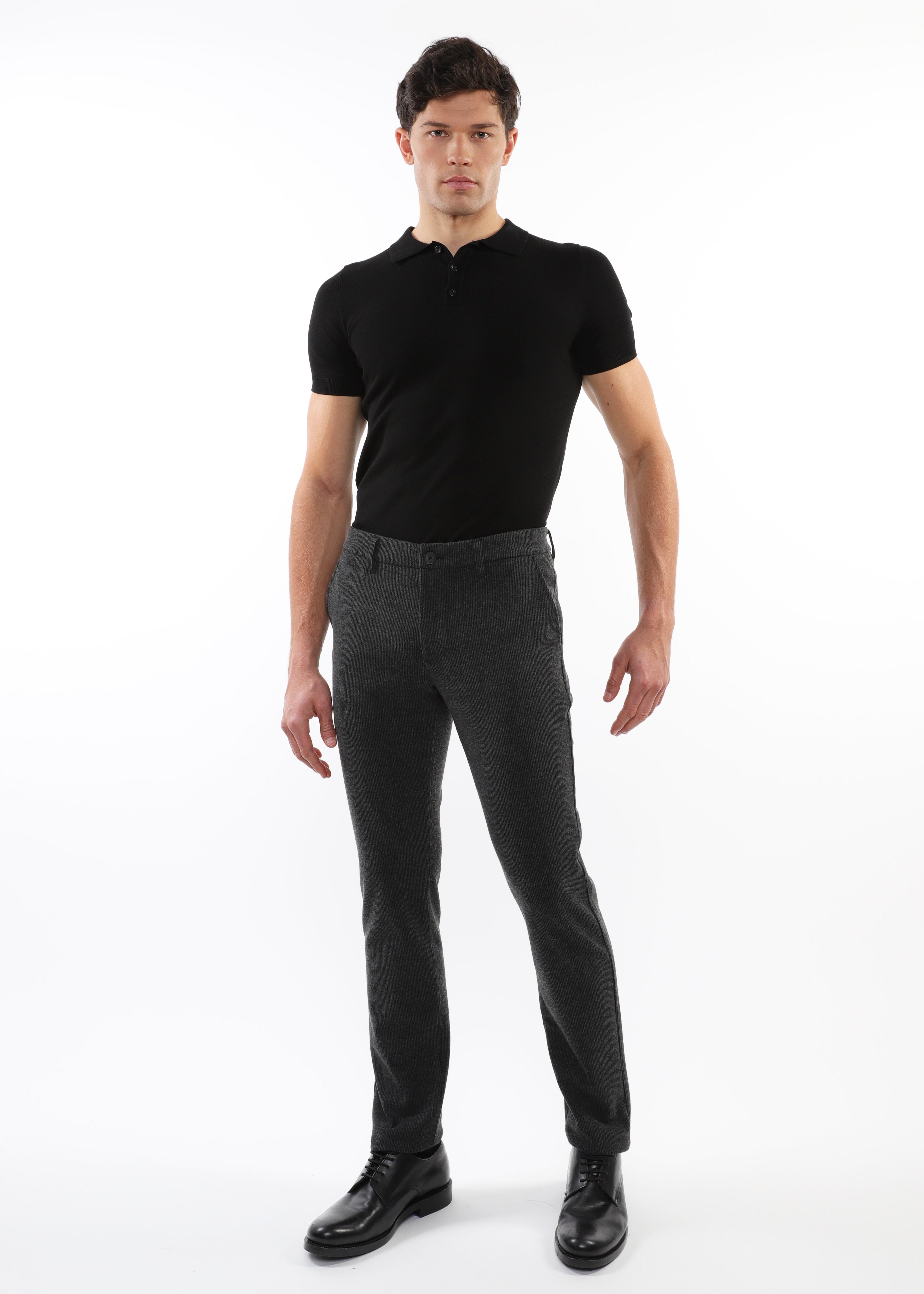 GRAPHITE PINSTRIPES WOOL-LOOK STRETCH KNIT TAILORED PANTS PM-3303-60