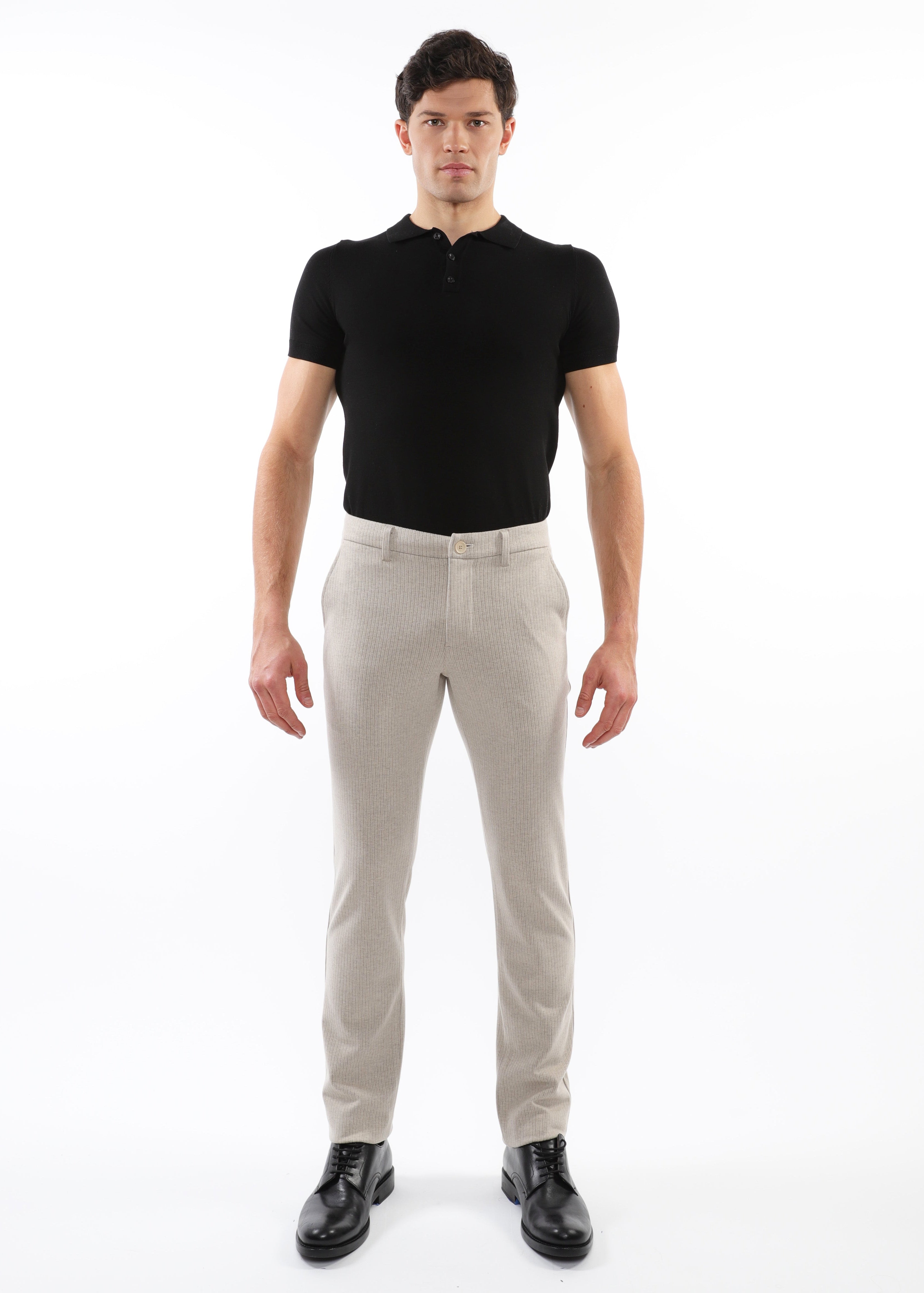 MILK FOAM PINSTRIPES WOOL-LOOK STRETCH KNIT TAILORED PANTS PM-3303-60