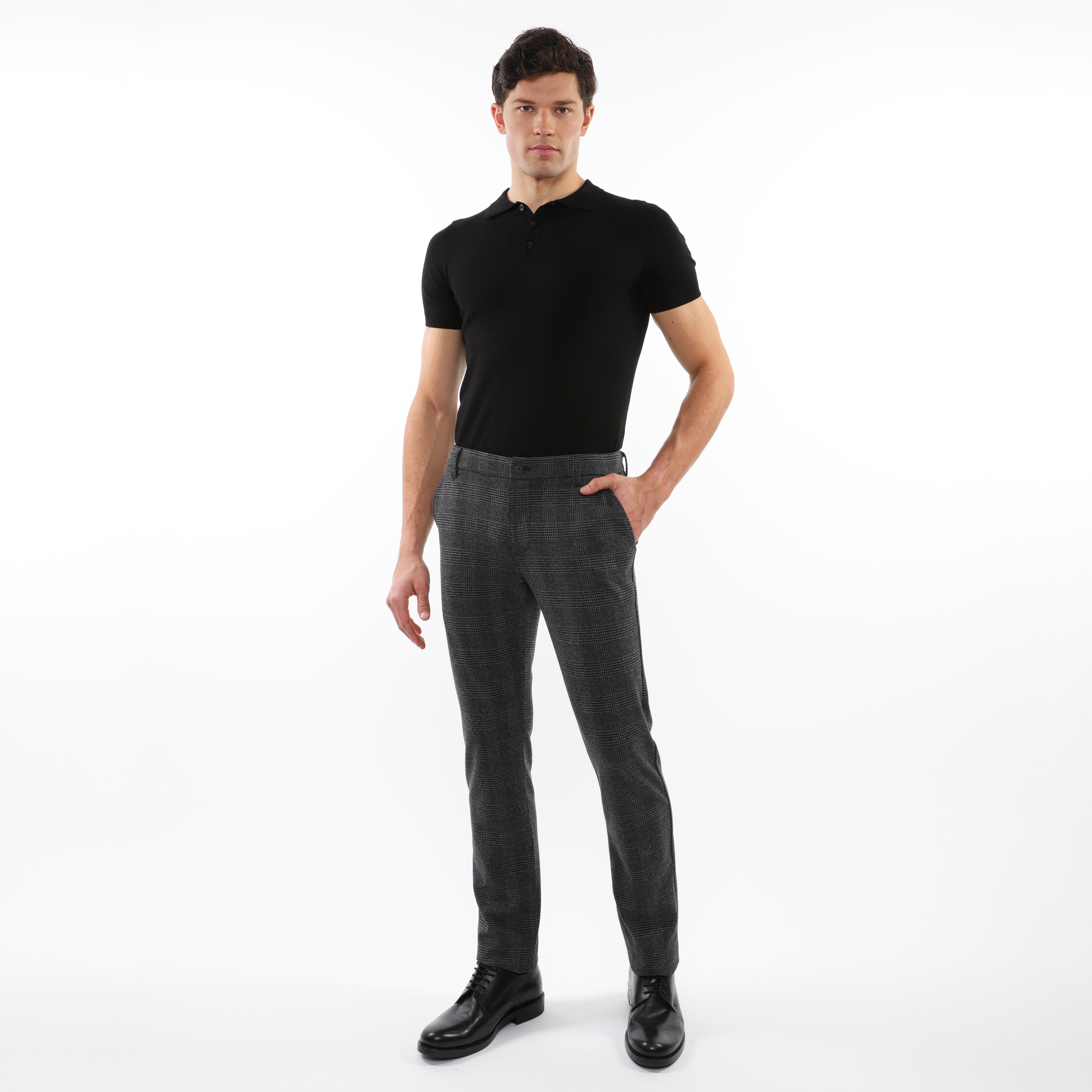 CHARCOAL GLEN PLAID WOOL-LOOK STRETCH KNIT TAILORED PANTS PM-3303-62
