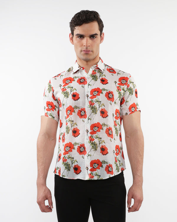 RED POPPIES PRINTED LIGHTWEIGHT  LINEN TENCEL  SHORT SLEEVES SHIRT PM-45032