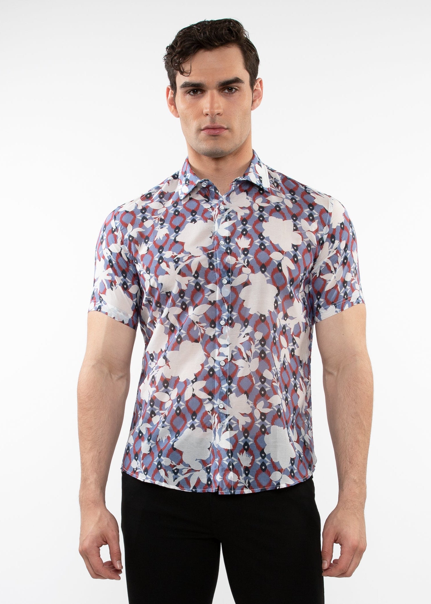 SLATE/FUCHSIA FLORAL PRINTED LIGHTWEIGHT COTTON SILK SHORT SLEEVES WOVEN SHIRT PM-46036