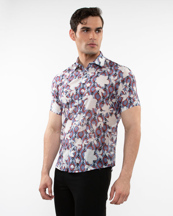 SLATE/FUCHSIA FLORAL PRINTED LIGHTWEIGHT COTTON SILK SHORT SLEEVES WOVEN SHIRT PM-46036