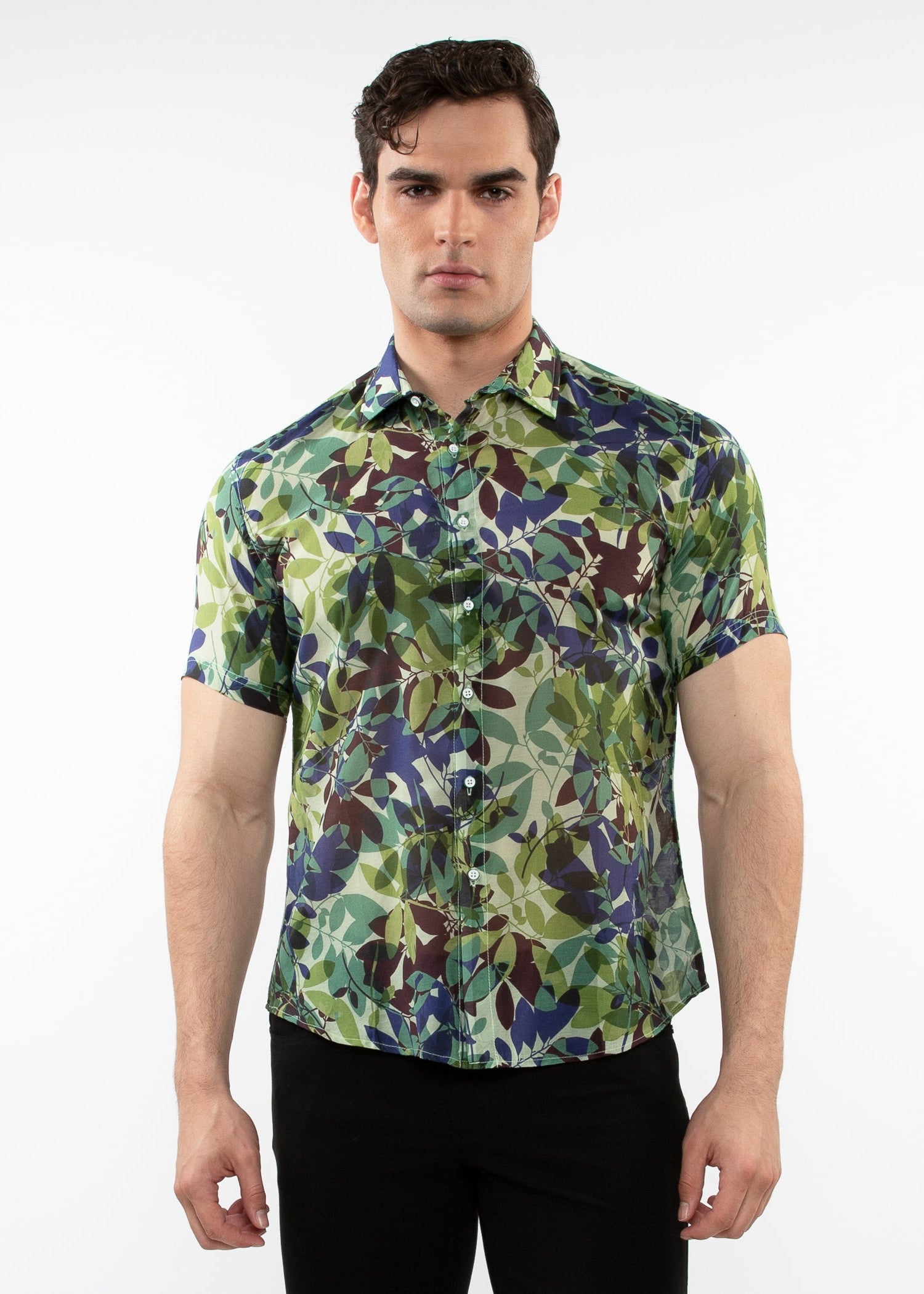 FOREST/SLATE LEAVES PRINTED LIGHTWEIGHT COTTON SILK SHORT SLEEVES WOVEN SHIRT PM-46037
