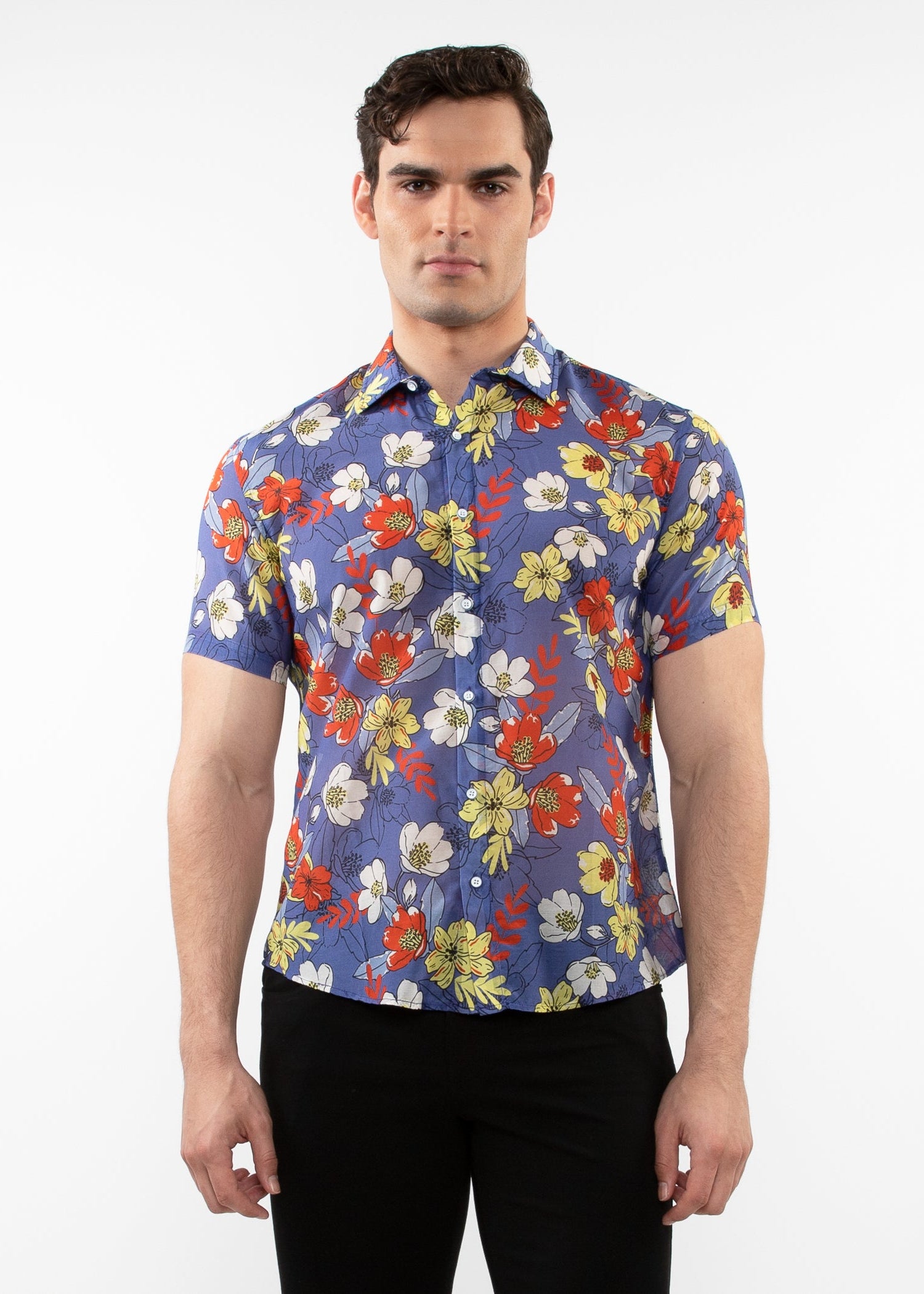 PURPLE/SPICE FLORAL PRINTED LIGHTWEIGHT COTTON SILK SHORT SLEEVES WOVEN SHIRT PM-46038