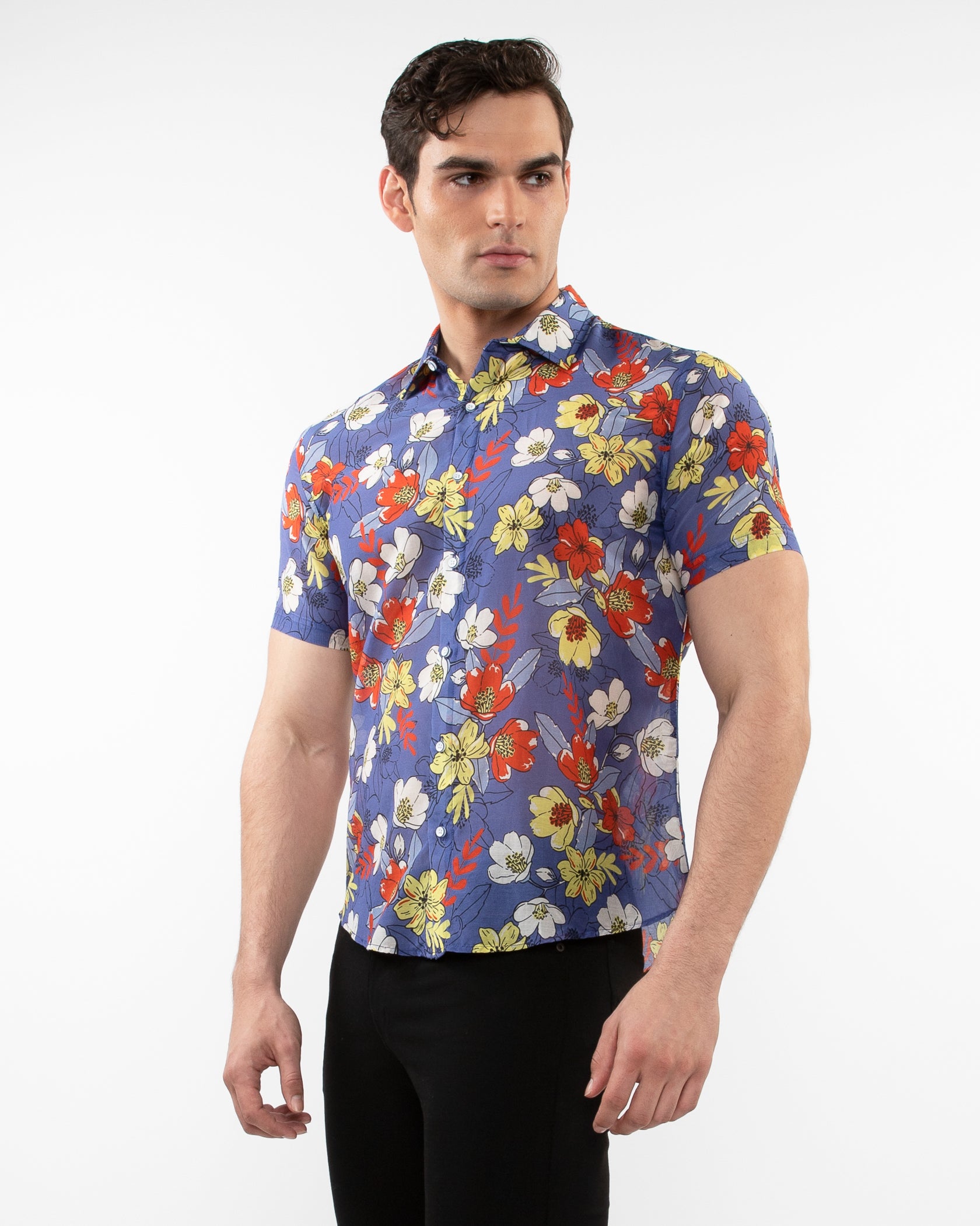 PURPLE/SPICE FLORAL PRINTED LIGHTWEIGHT COTTON SILK SHORT SLEEVES WOVEN SHIRT PM-46038