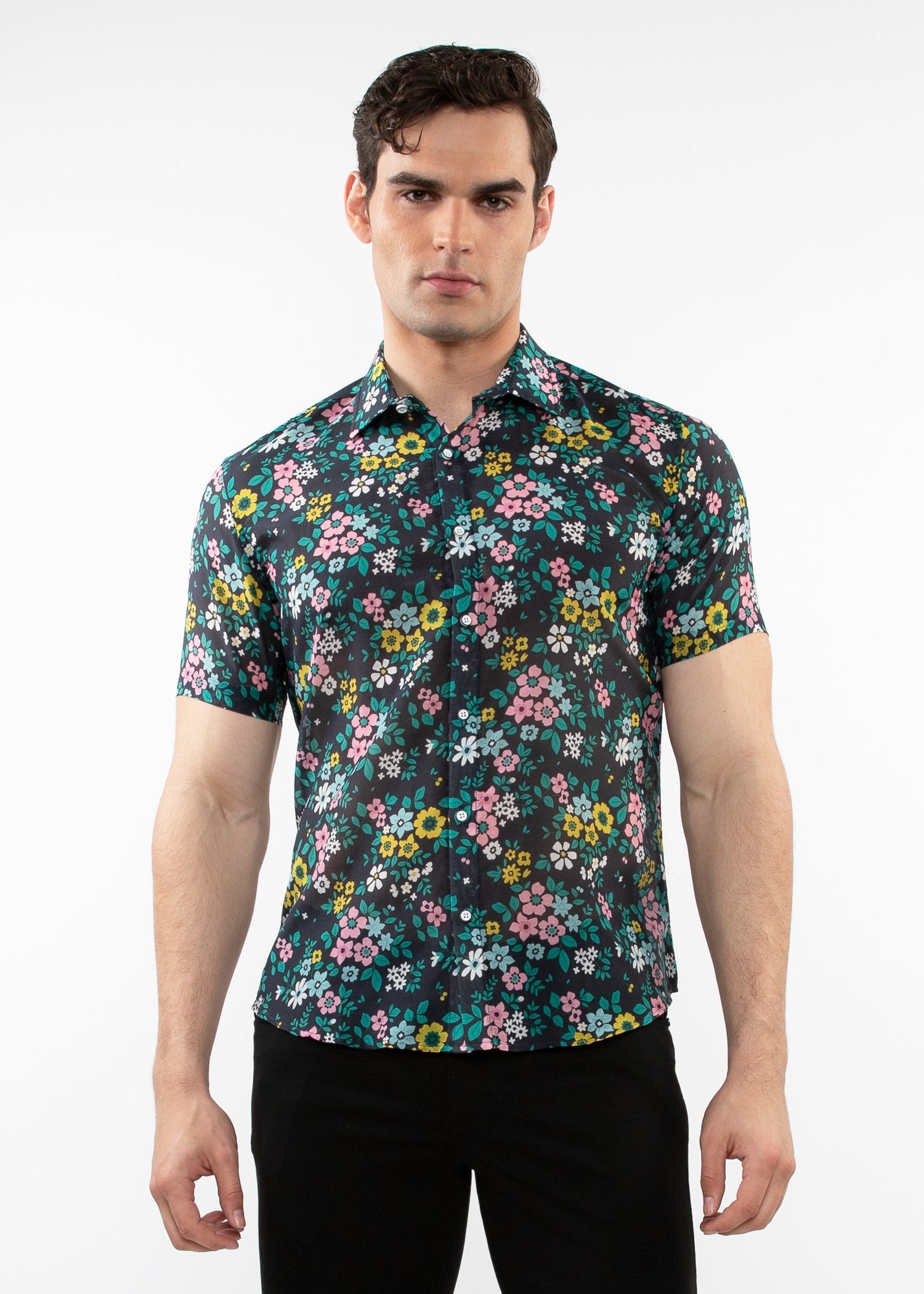 NAVY/TEAL FLORAL PRINTED LIGHTWEIGHT COTTON SILK SHORT SLEEVES WOVEN SHIRT PM-46039