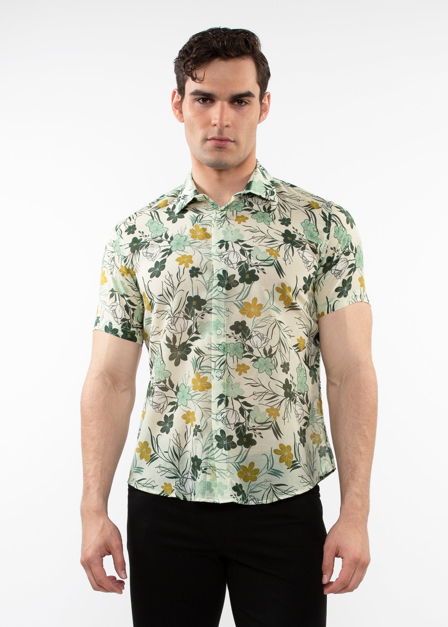 FERN/OCHRE FLORAL PRINTED LIGHTWEIGHT COTTON SILK SHORT SLEEVES WOVEN SHIRT PM-46040