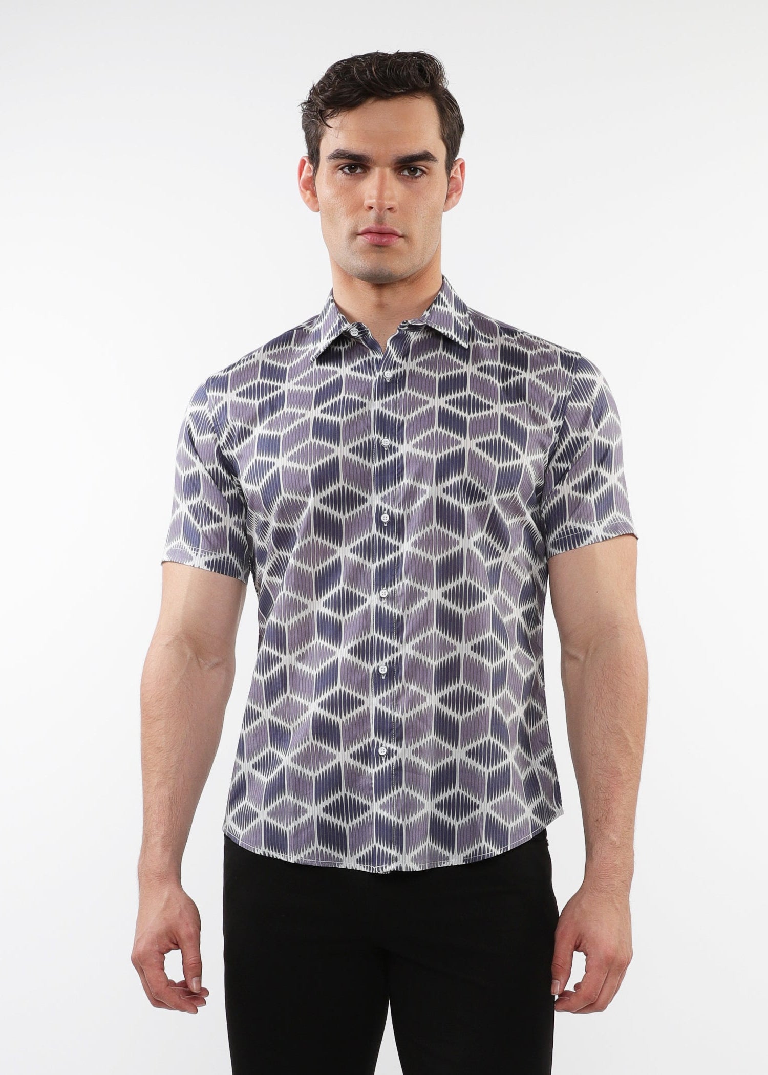 PURPLE/PERIWINKLE CUBES PRINTED LIGHTWEIGHT COTTON TENCEL SHORT SLEEVES SHIRT PM-47046