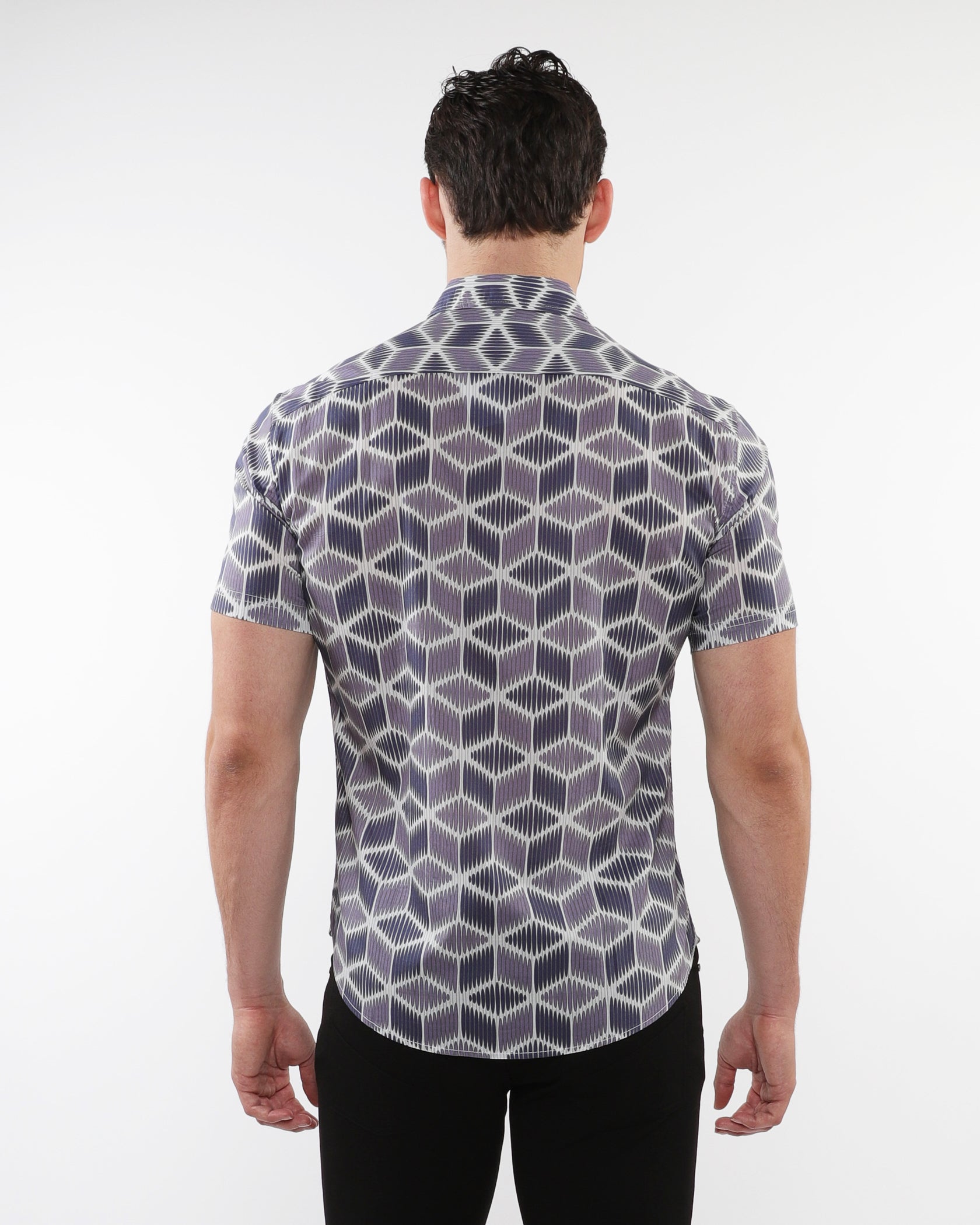PURPLE/PERIWINKLE CUBES PRINTED LIGHTWEIGHT COTTON TENCEL SHORT SLEEVES SHIRT PM-47046