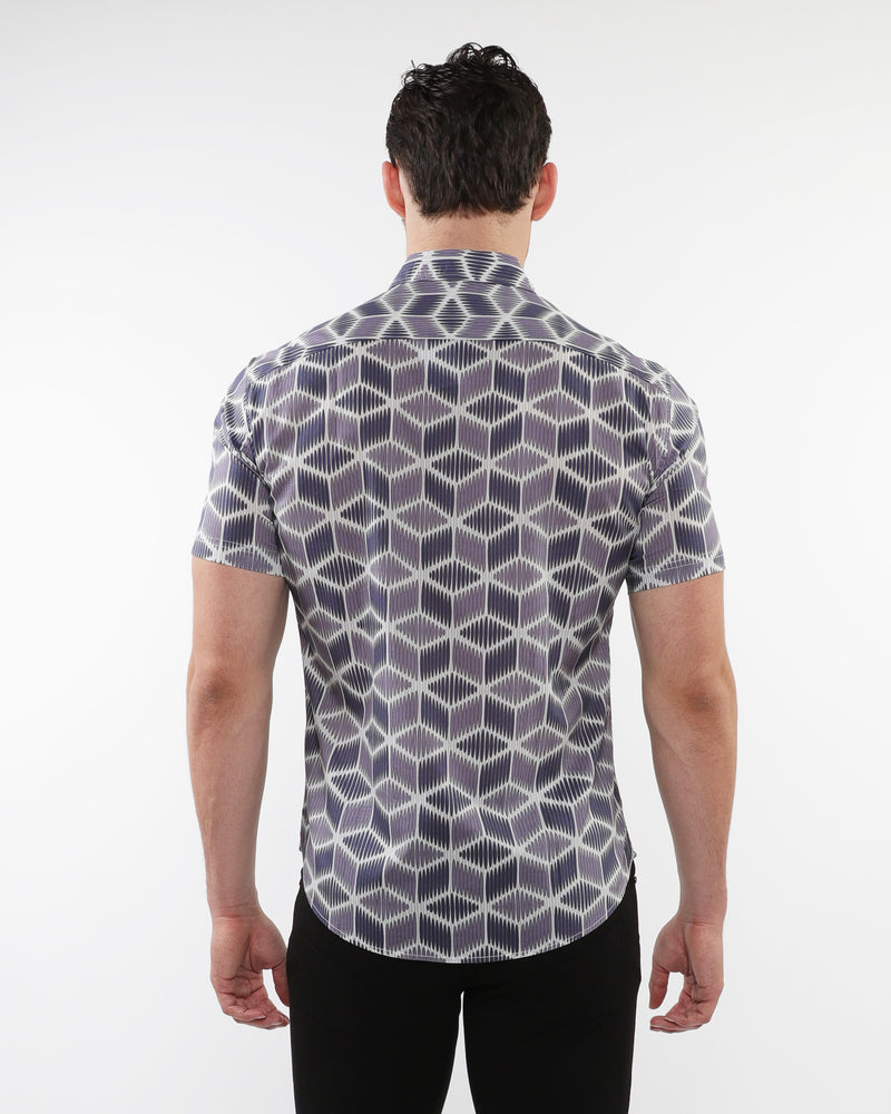 PURPLE/PERIWINKLE CUBES PRINTED LIGHTWEIGHT COTTON TENCEL SHORT SLEEVES SHIRT PM-47046