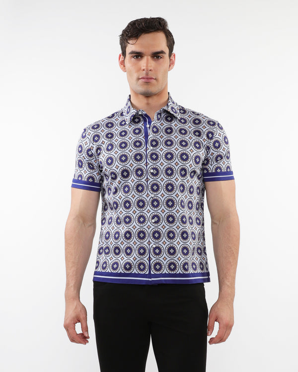 NAVY/GOLD MEDALLIONS PRINTED SHORT SLEEVES KNIT SHIRT WITH CONTRAST PLACKET & BORDER DETAILS PM-50020