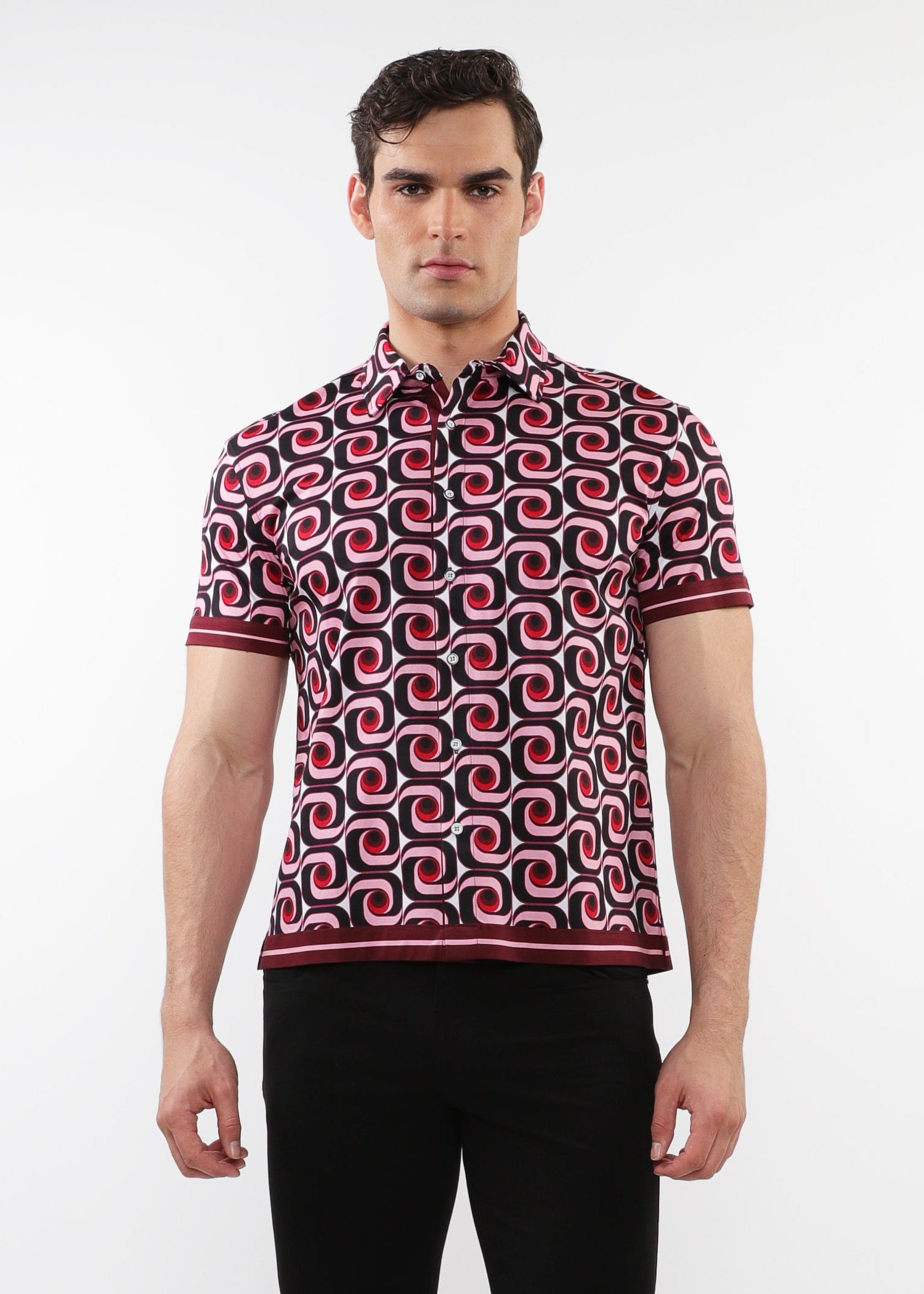 BLUSH/MAROON SWIRLS PRINTED SHORT SLEEVES KNIT SHIRT WITH CONTRAST PLACKET & BORDER DETAILS PM-50021
