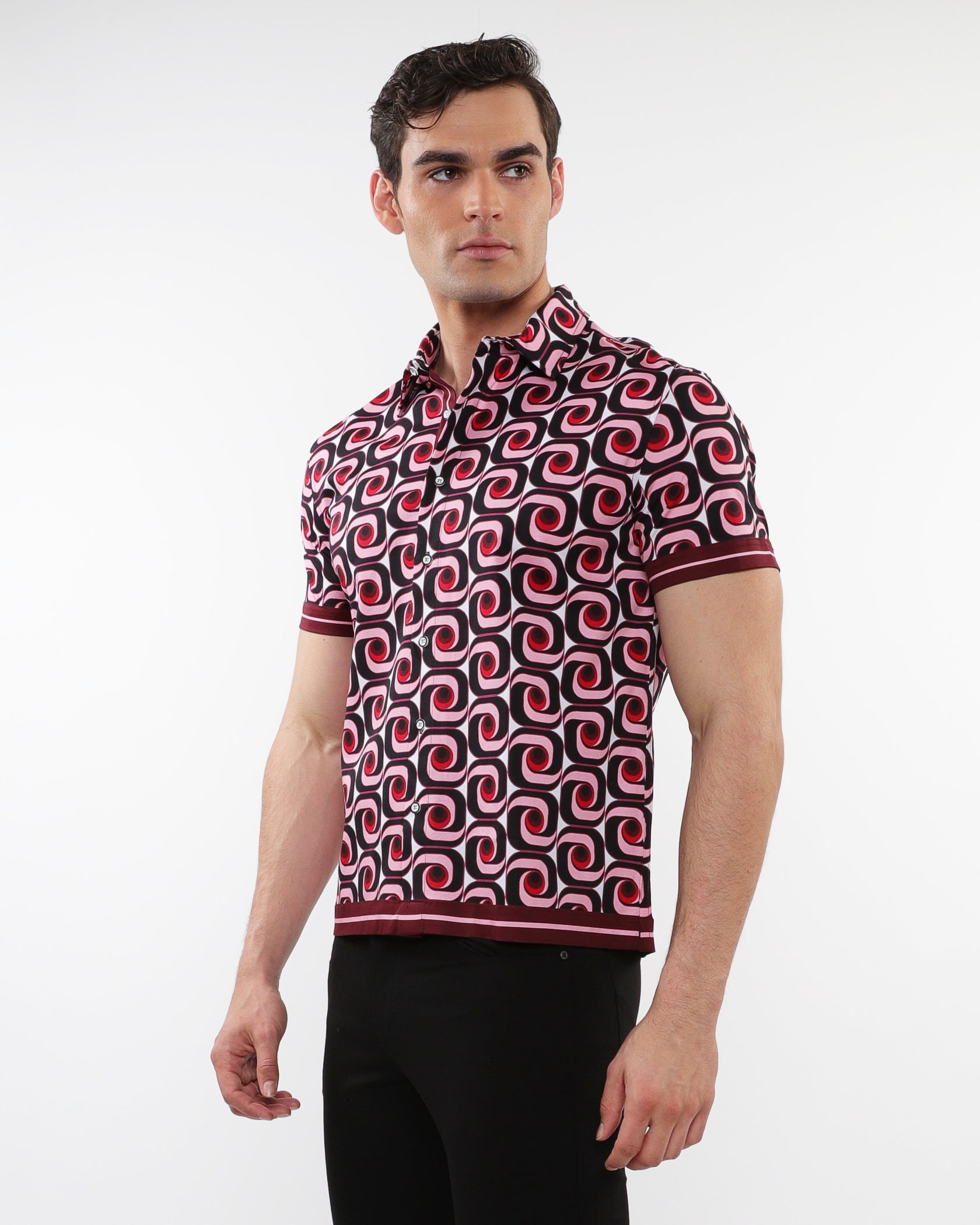BLUSH/MAROON SWIRLS PRINTED SHORT SLEEVES KNIT SHIRT WITH CONTRAST PLACKET & BORDER DETAILS PM-50021