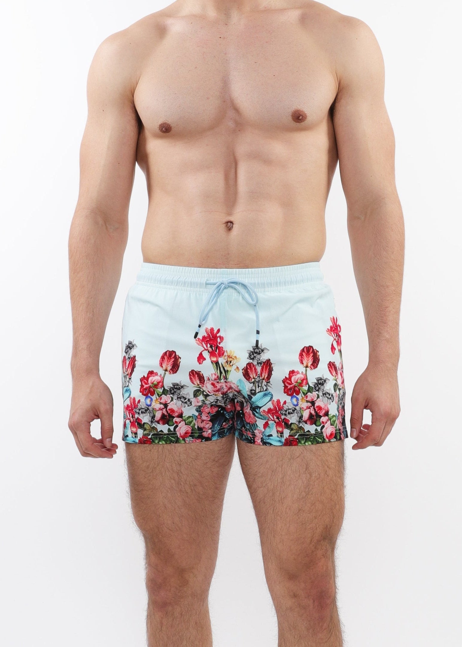 MINT/MULTI FLORAL 2-1/2" INSEAM PRINTED BORDER SWIM SHORTS WITH MESH LINING PM-6002-45
