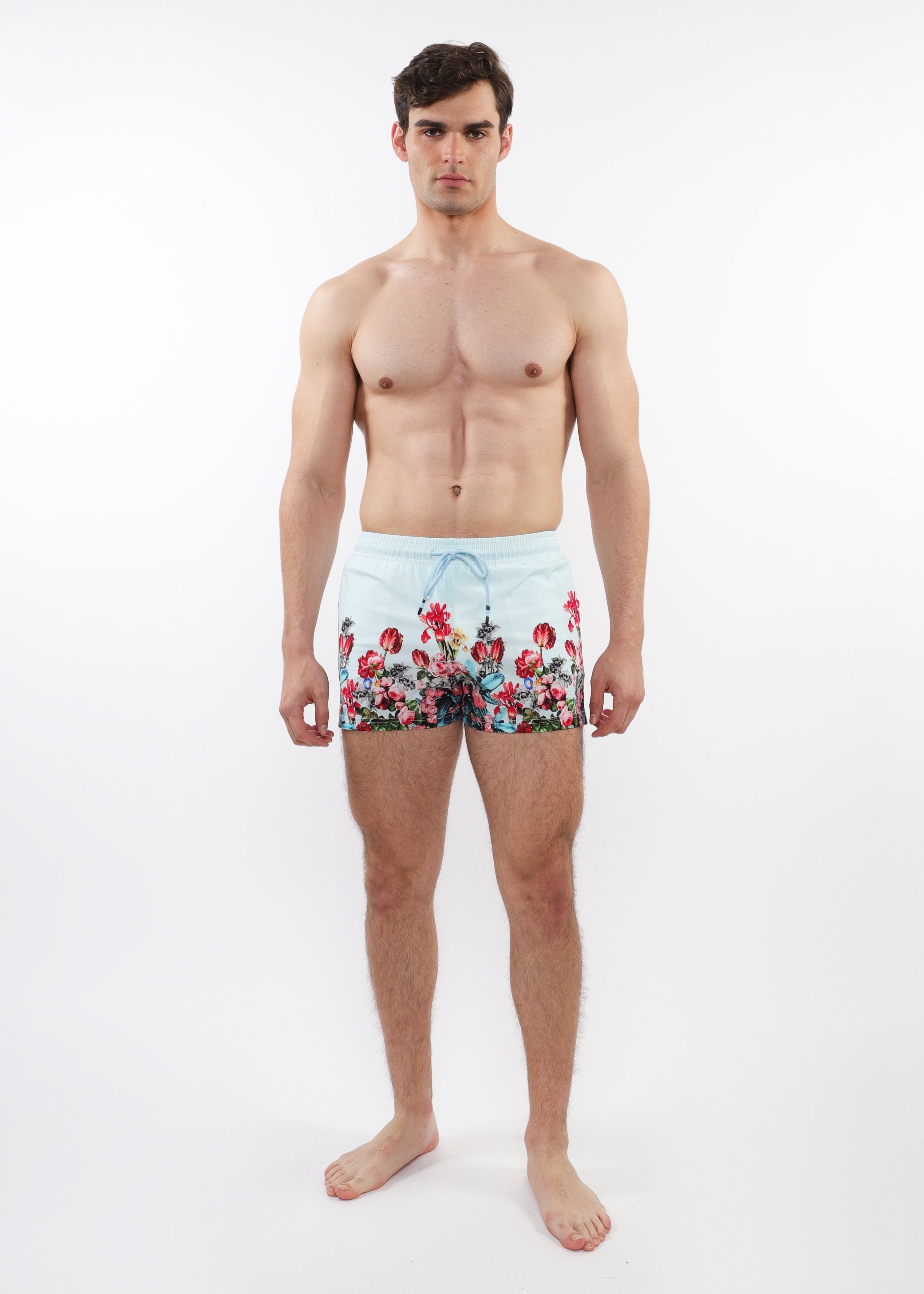 MINT/MULTI FLORAL 2-1/2" INSEAM PRINTED BORDER SWIM SHORTS WITH MESH LINING PM-6002-45