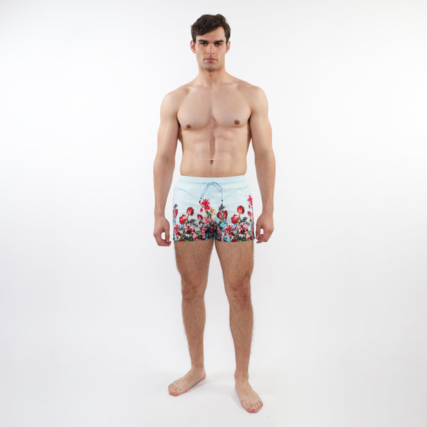 MINT/MULTI FLORAL 2-1/2" INSEAM PRINTED BORDER SWIM SHORTS WITH MESH LINING PM-6002-45