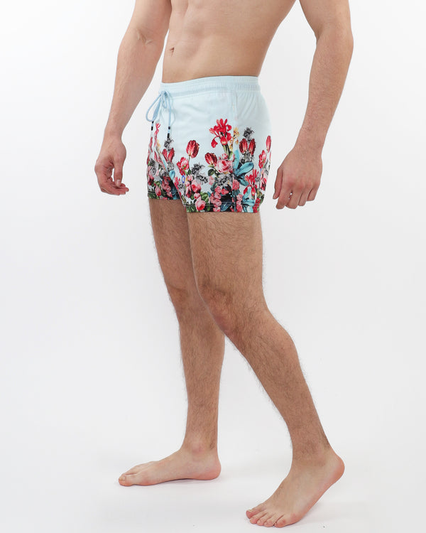 MINT/MULTI FLORAL 2-1/2" INSEAM PRINTED BORDER SWIM SHORTS WITH MESH LINING PM-6002-45
