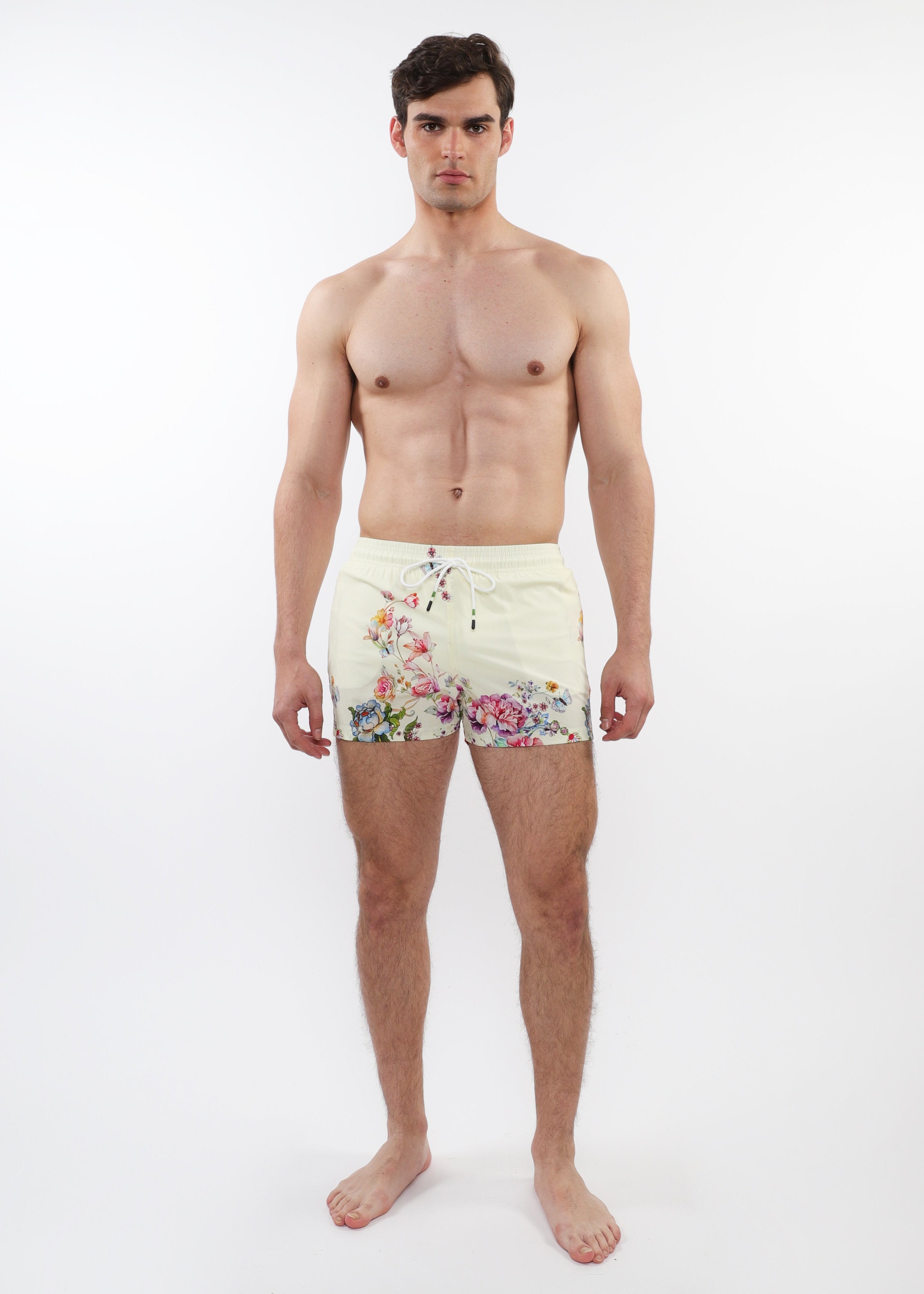 CREAM/MULTI FLORAL 2-1/2" INSEAM PRINTED BORDER SWIM SHORTS WITH MESH LINING PM-6002-46
