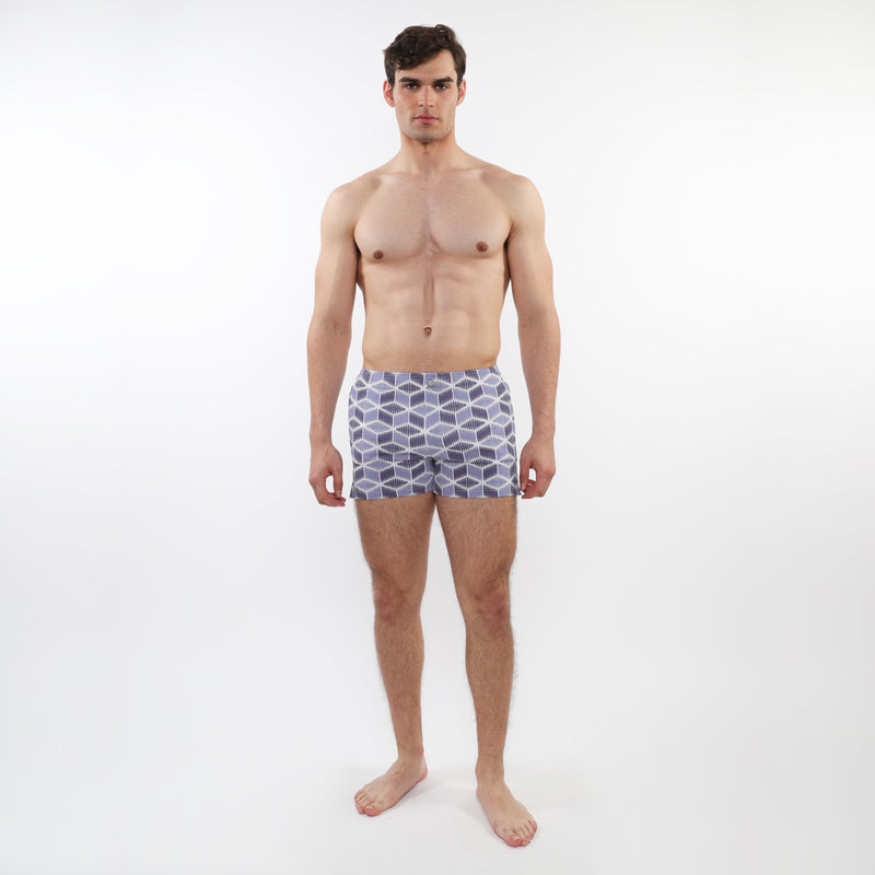 PURPLE/PERIWINKLE CUBES PRINTED SEERSUCKER SWIM SHORTS WITH MESH LINING