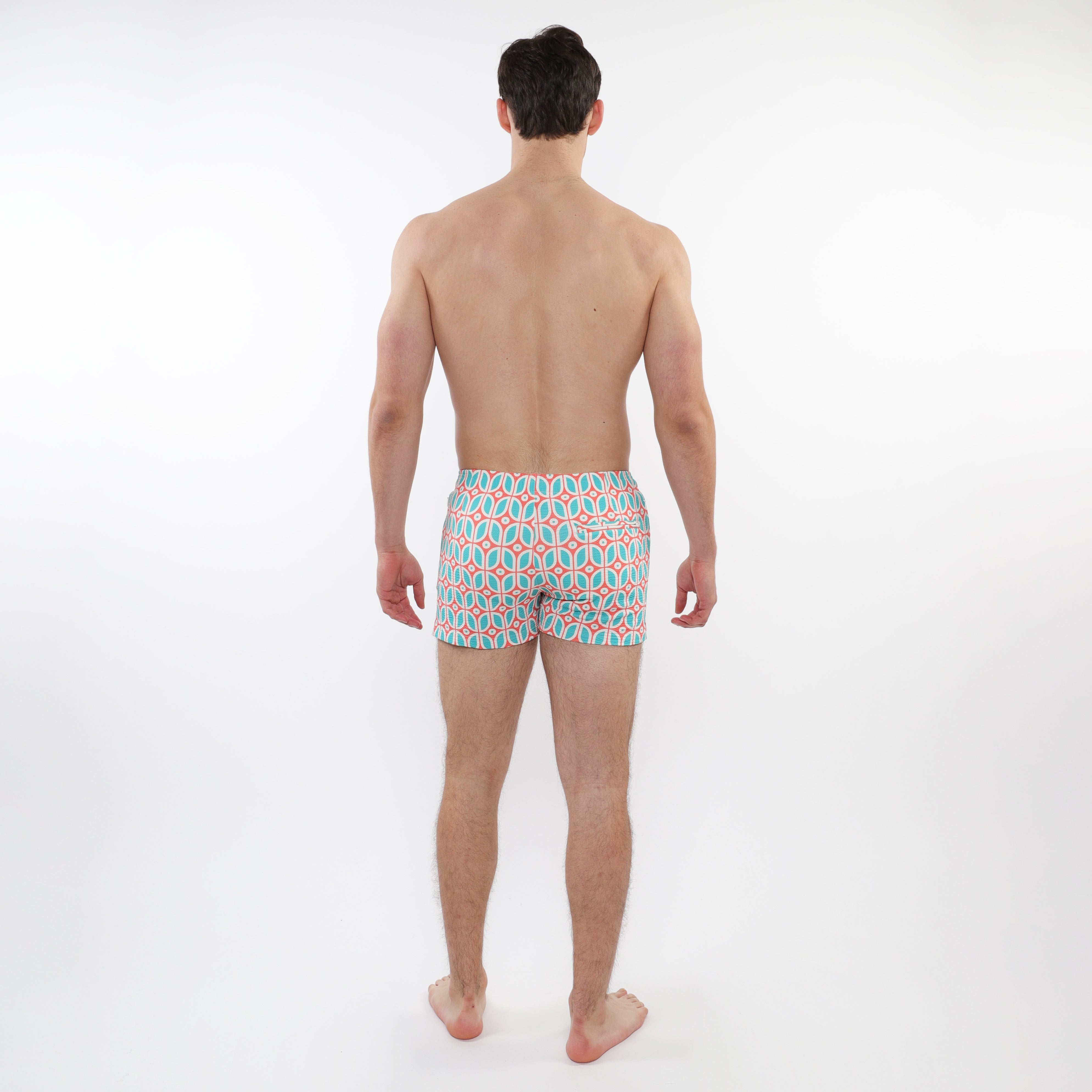 TEAL/CORAL OVALS PRINTED SEERSUCKER SWIM SHORTS WITH MESH LINING PM-6018-41
